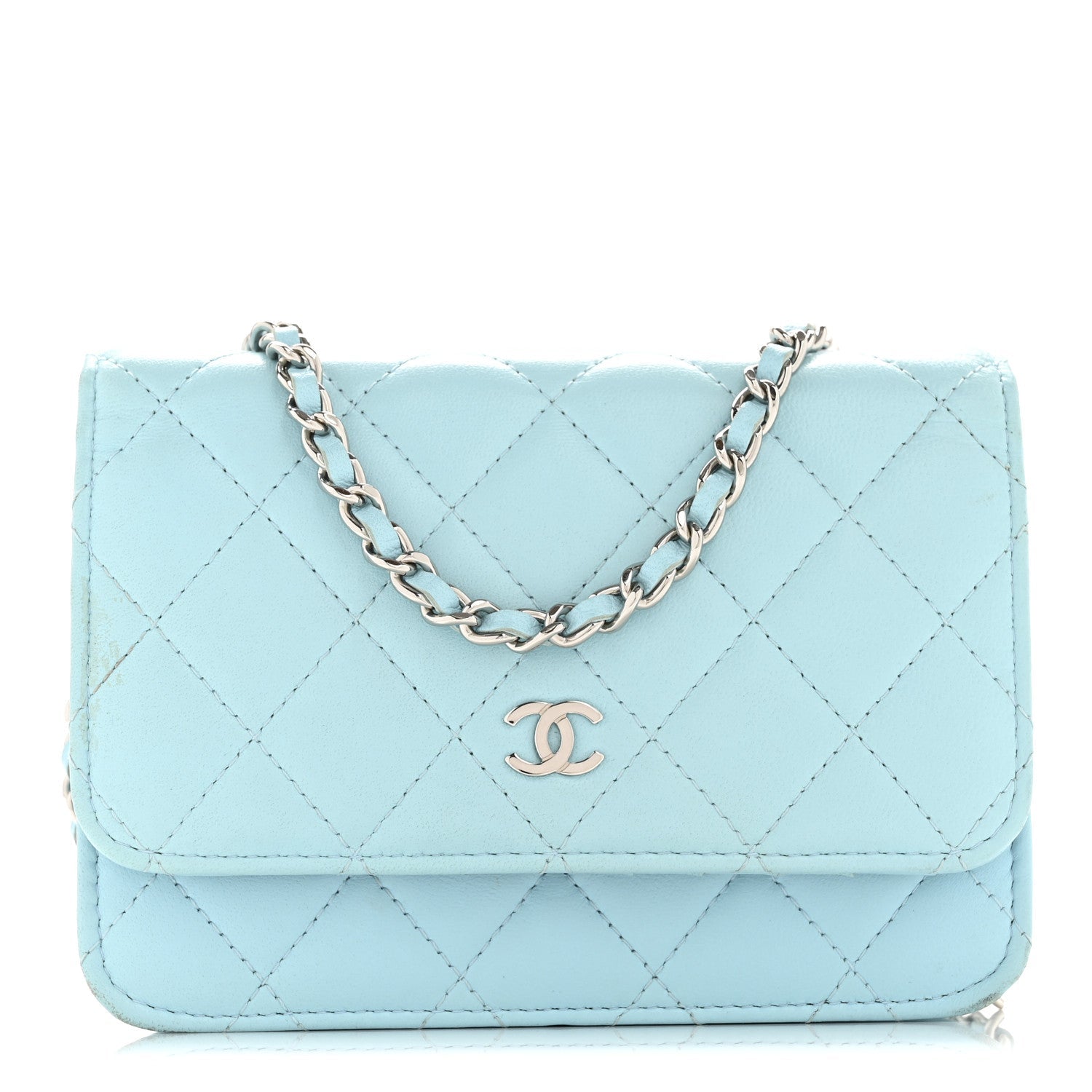 Lambskin Quilted Mini Wallet On Chain WOC Neon Blue