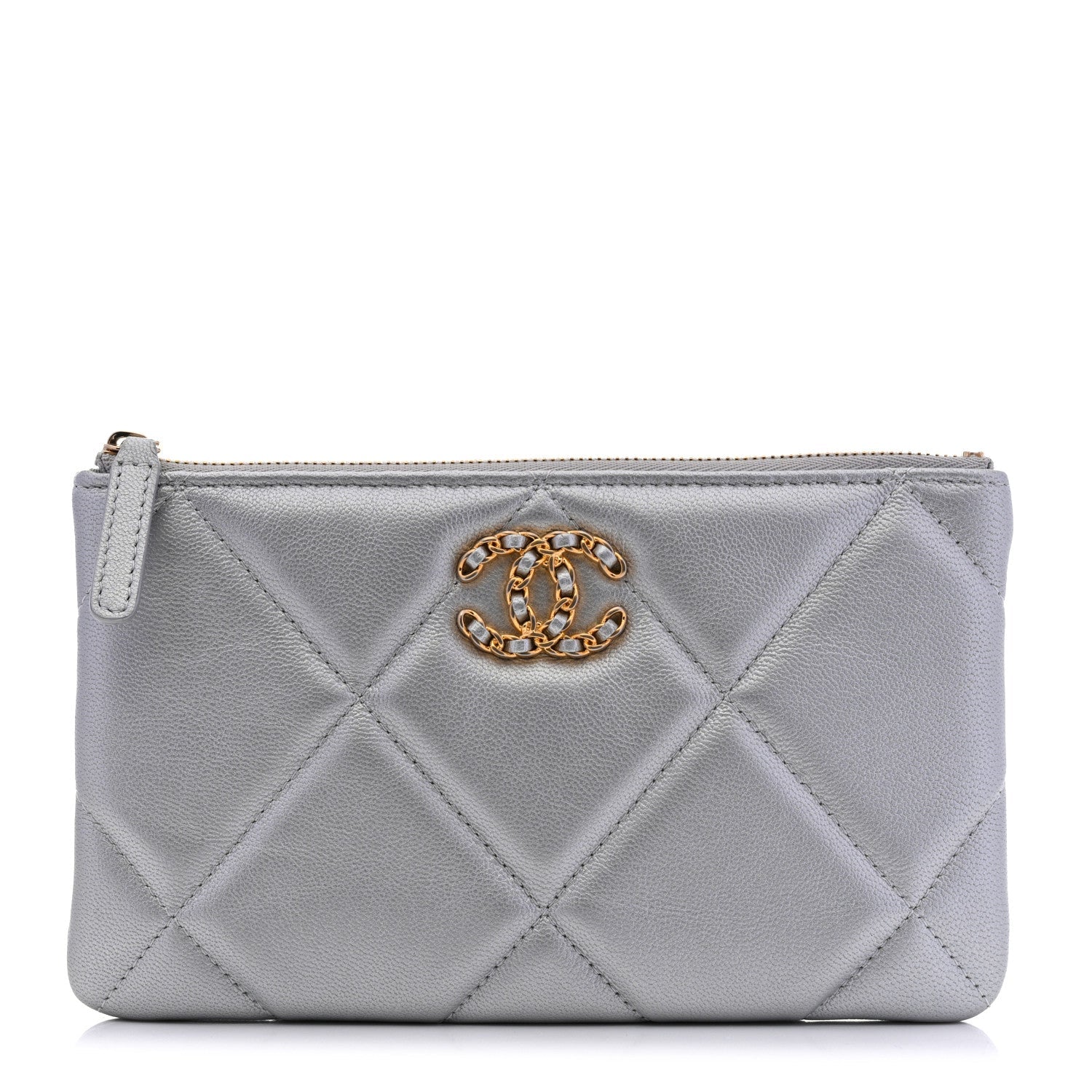 Shiny Goatskin Quilted Small Chanel 19 Pouch Silver