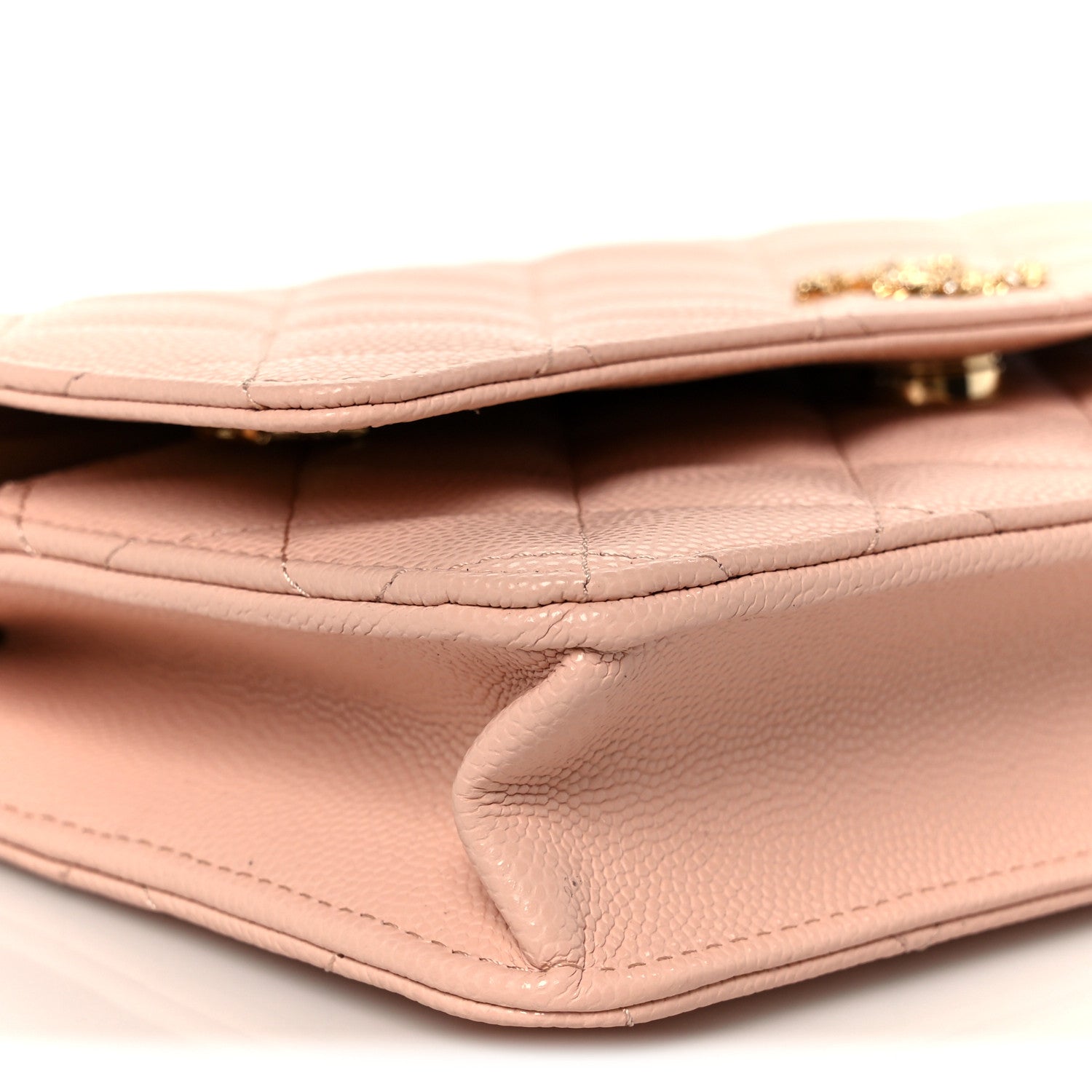 Grained Calfskin Quilted Strass CC Wallet On Chain WOC Light Pink