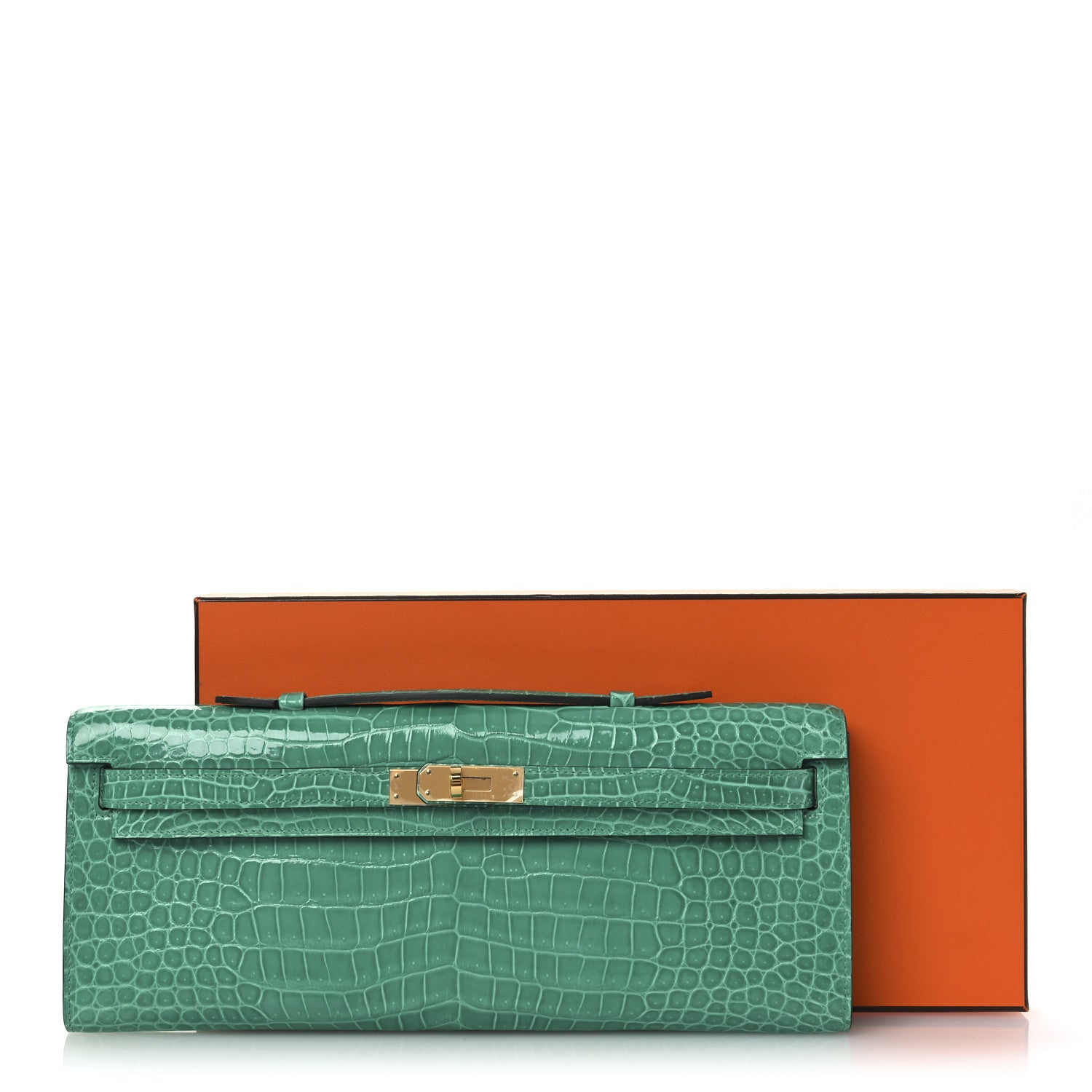 Shiny Porosus Crocodile Kelly Cut Pochette Vert Jade