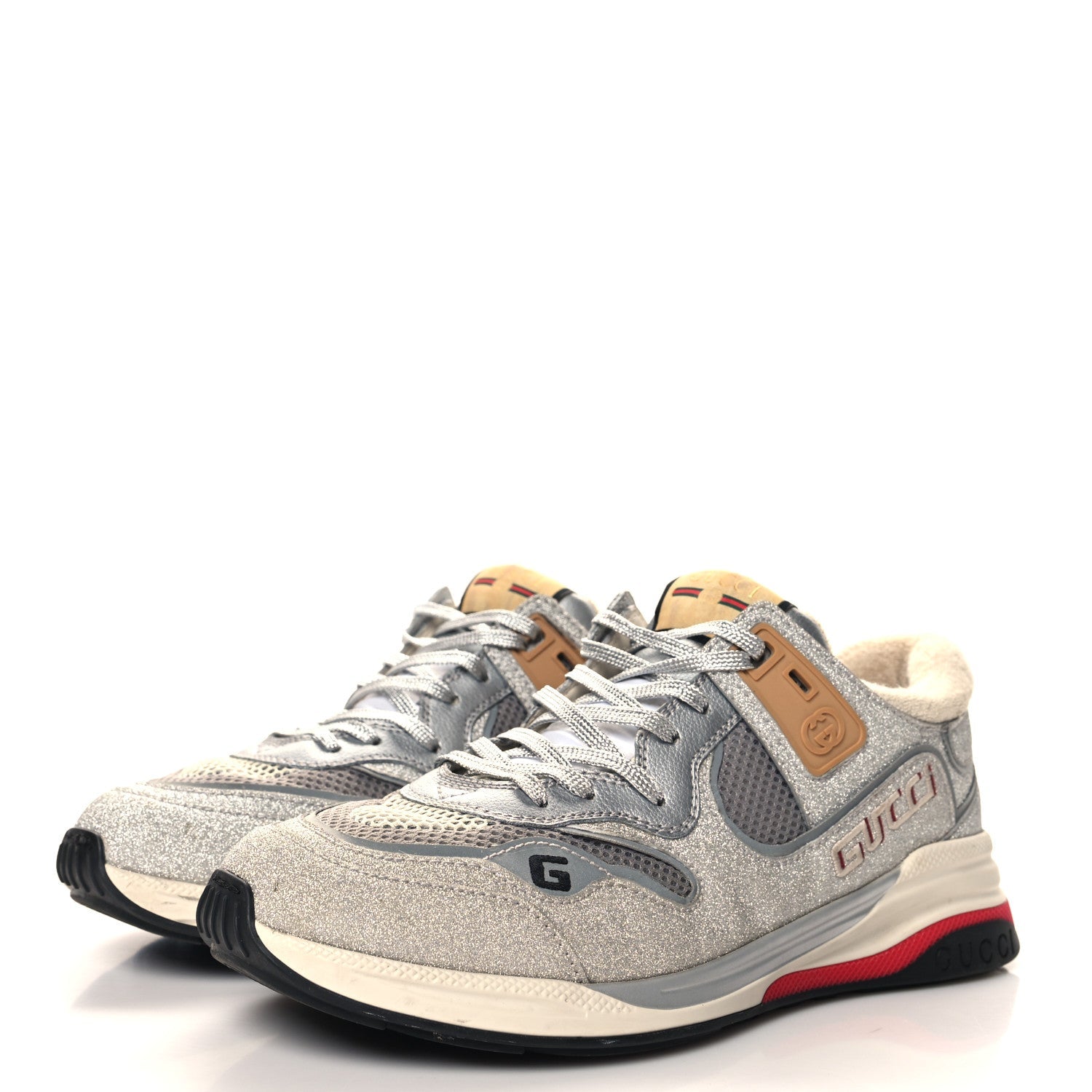 Metallic Calfskin Glitter Mesh Mens Ultrapace Sneakers 8 Silver Light Grey Mystic White