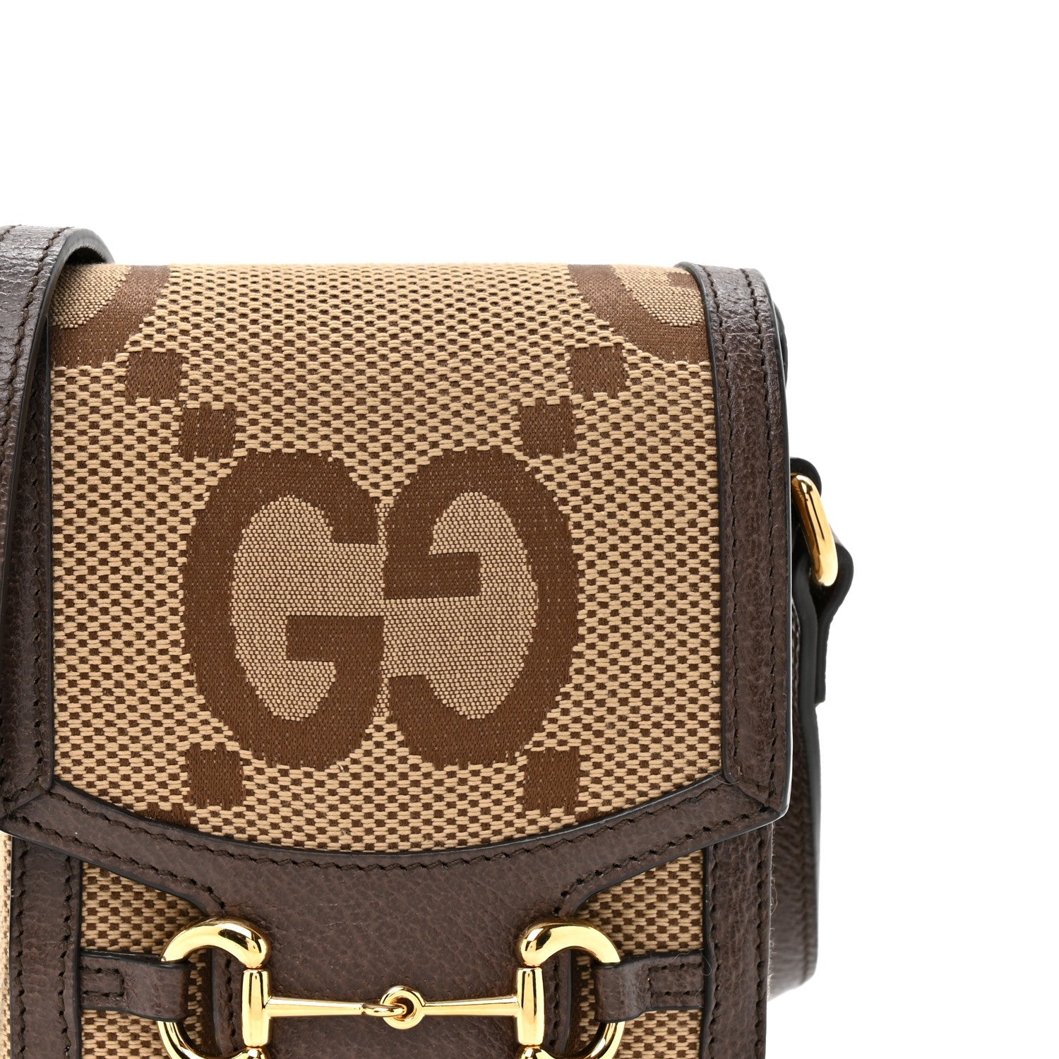 Monogram Jumbo GG Textured Dollar Calfskin Mini Horsebit 1955 Crossbody Bag Camel Ebony New Acero