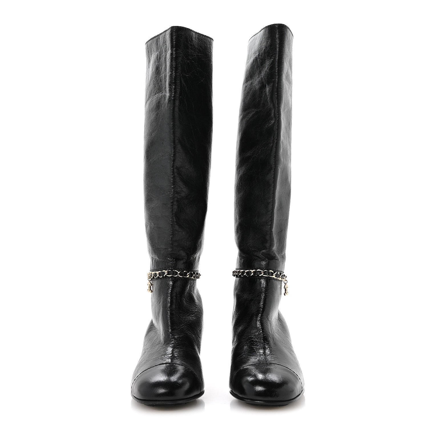 Crumpled Calfskin Cap Toe Chain Boots 36 Black