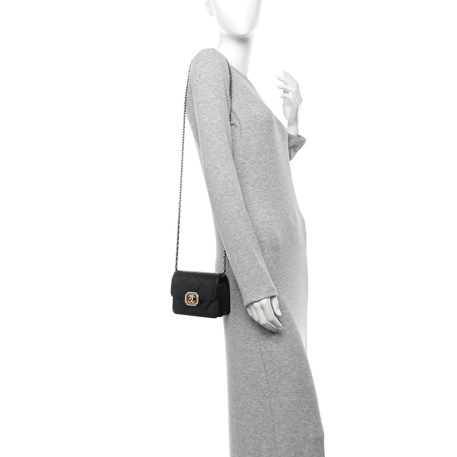 Calfskin Strass Quilted Clutch With Chain Flap Black