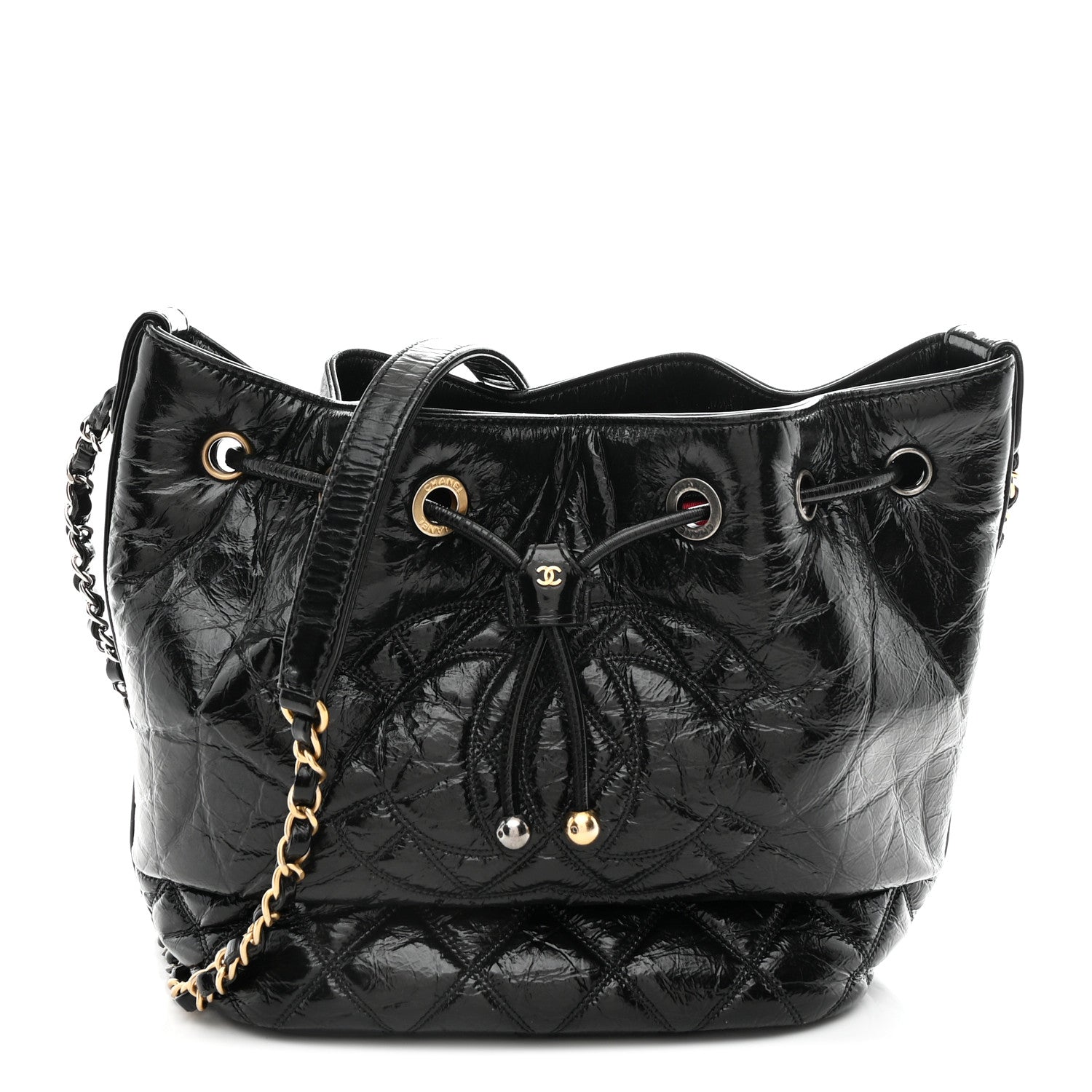Shiny Aged Calfskin CC Chain Drawstring Bag Black