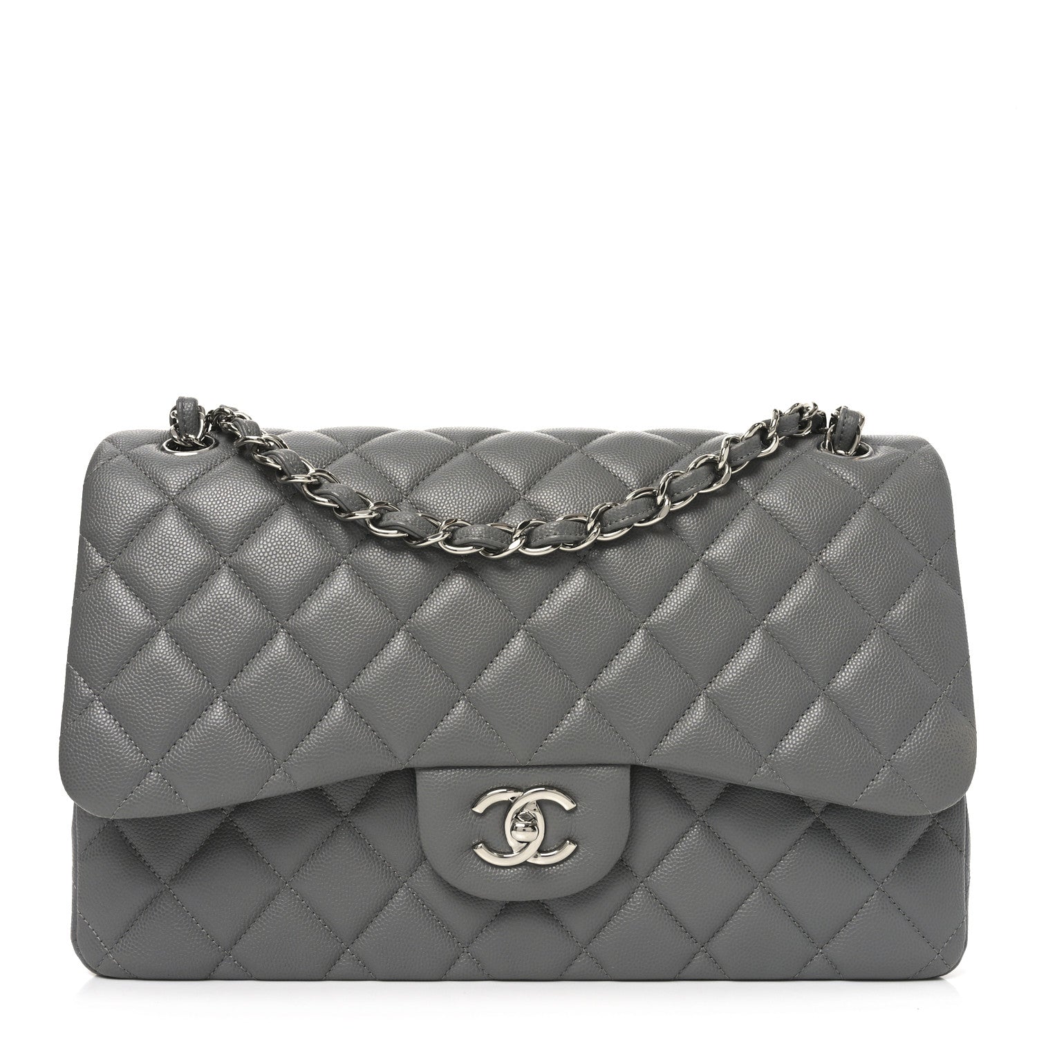 Caviar Quilted Jumbo Double Flap Dark Grey