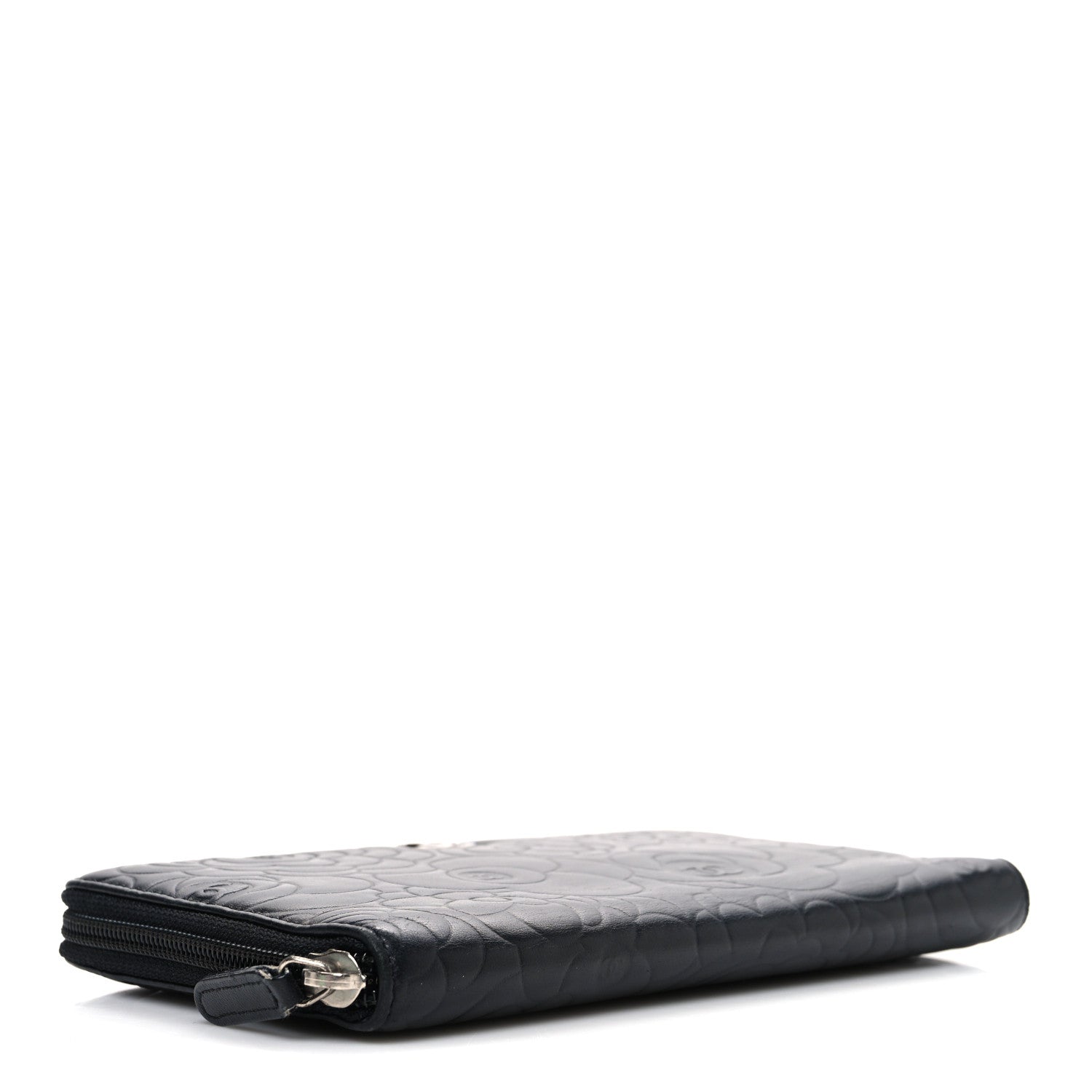 Lambskin Camellia Embossed Zip Around Organizer Wallet Black