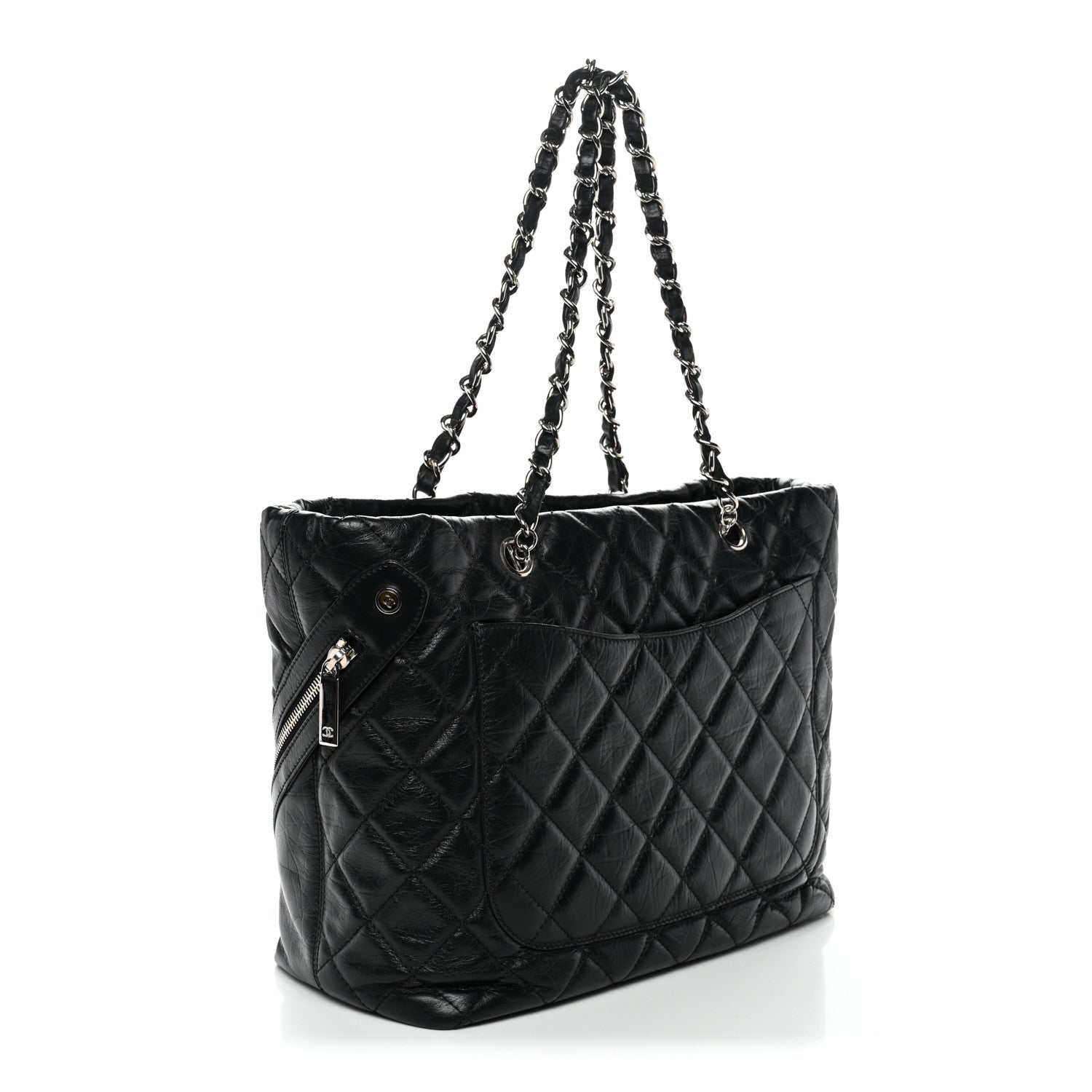 Aged Calfskin Quilted Large Cotton Club Tote Black