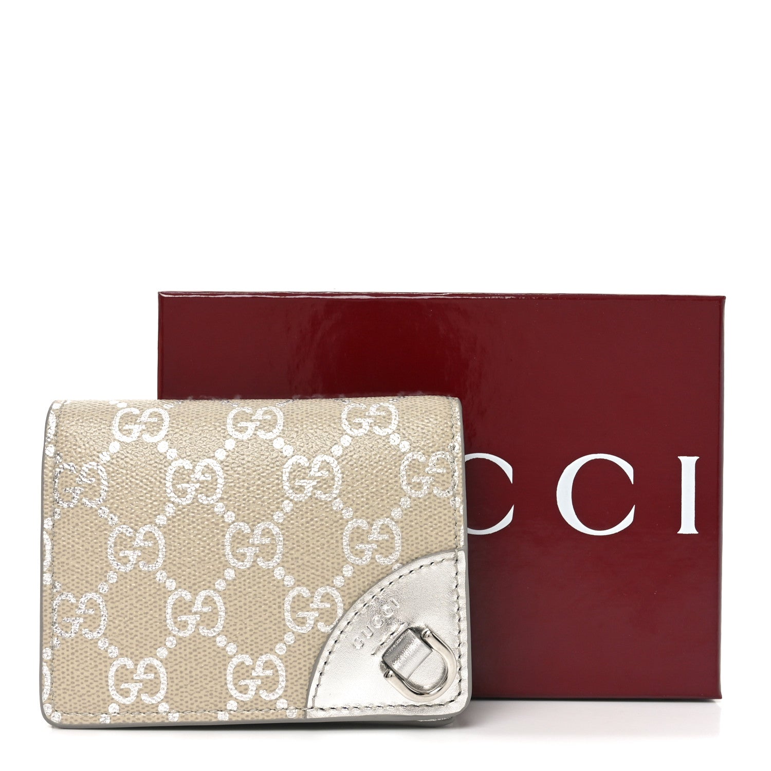 GG Supreme Monogram Metallic Calfskin Emblem Small Wallet Beige Silver