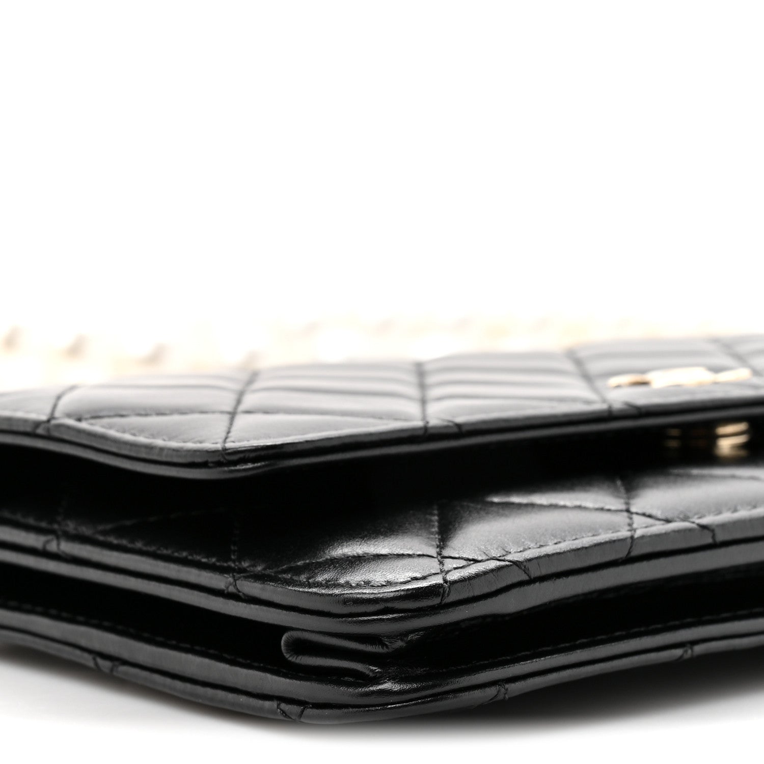 Lambskin Quilted Pearl Wallet On Chain WOC Black
