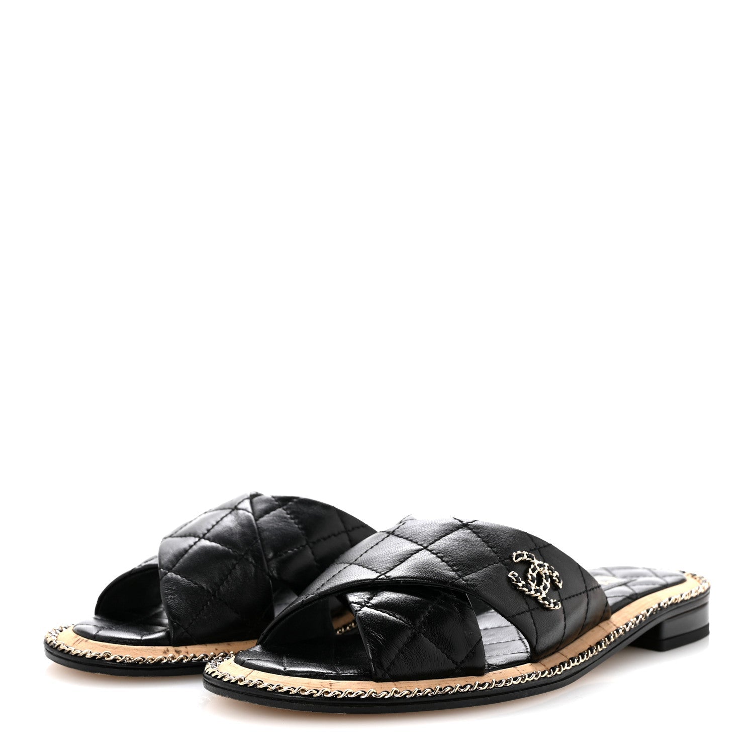 Lambskin Quilted Chain CC Sandals 36 Black