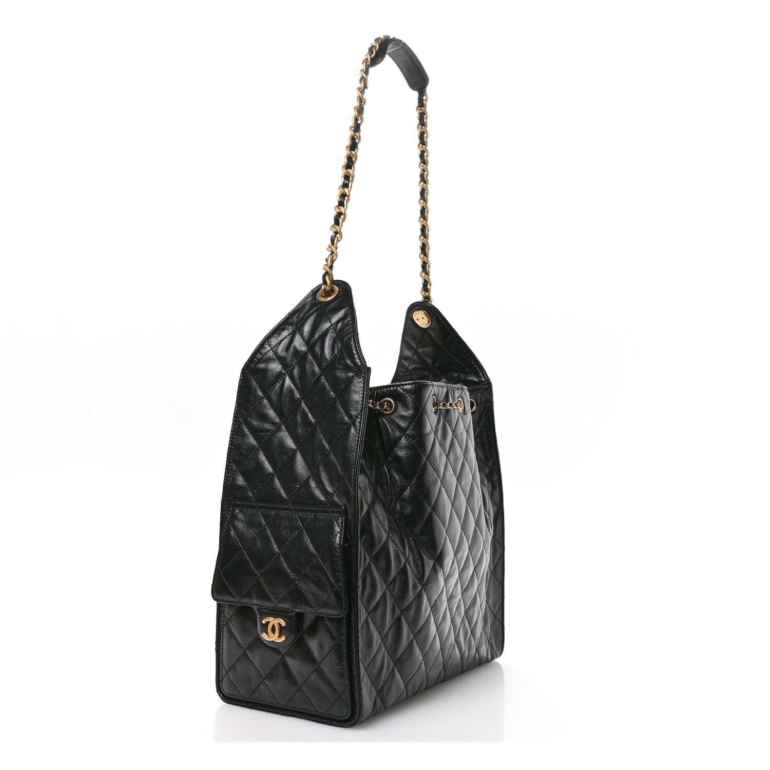 Shiny Crumpled Calfskin Quilted Medium Chanel 25 Handbag  Black