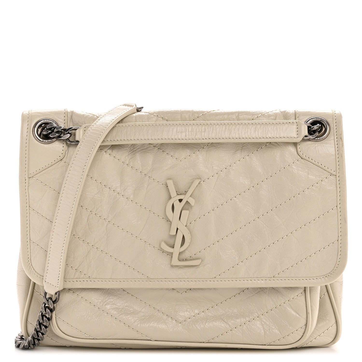 Crinkled Calfskin Matelasse Monogram Medium Niki Chain Satchel Crema Soft