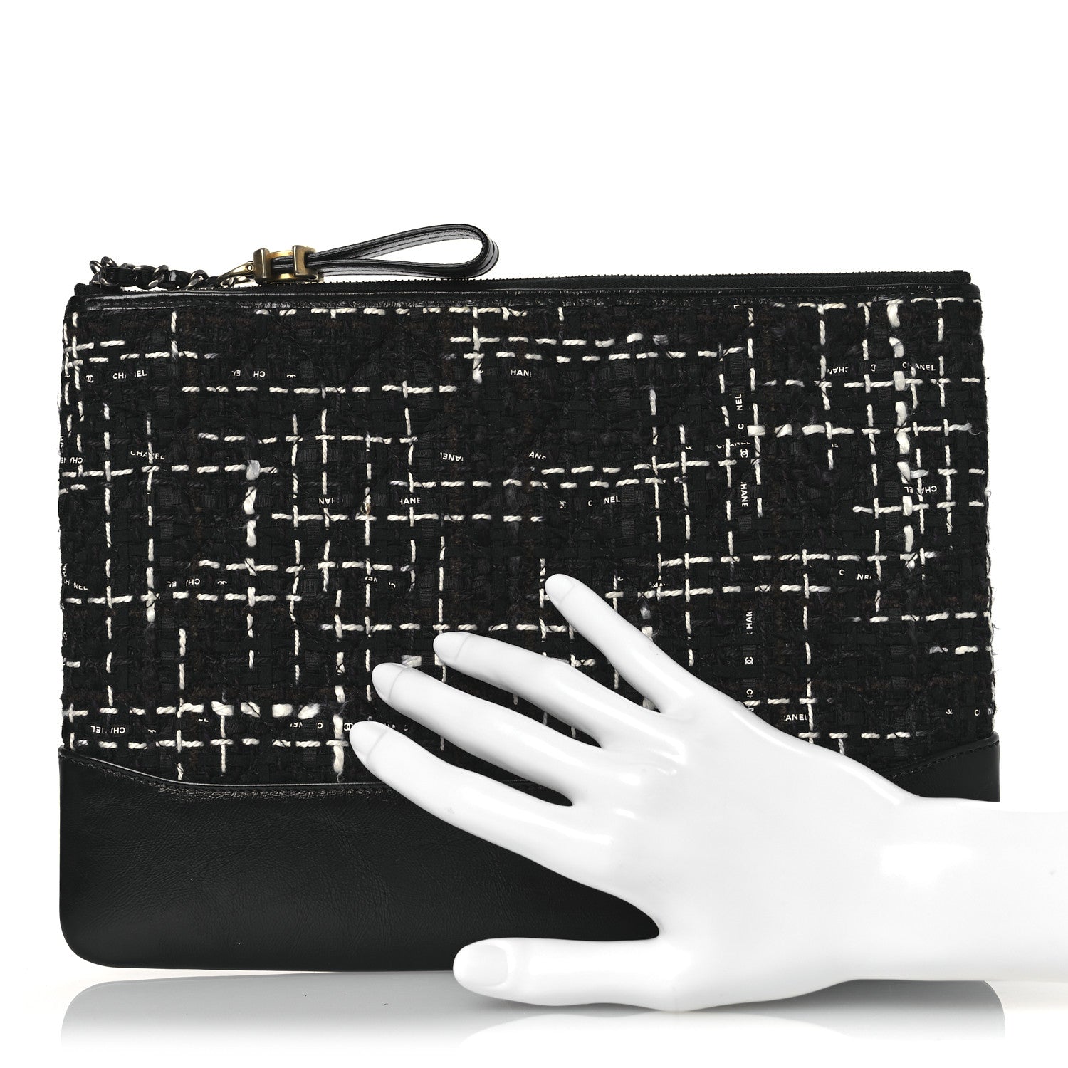 Tweed Calfskin Quilted Medium Cosmetic Pouch Black White