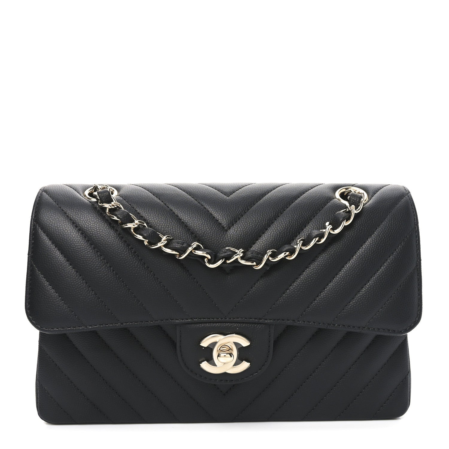 Caviar Chevron Quilted Small Double Flap Black