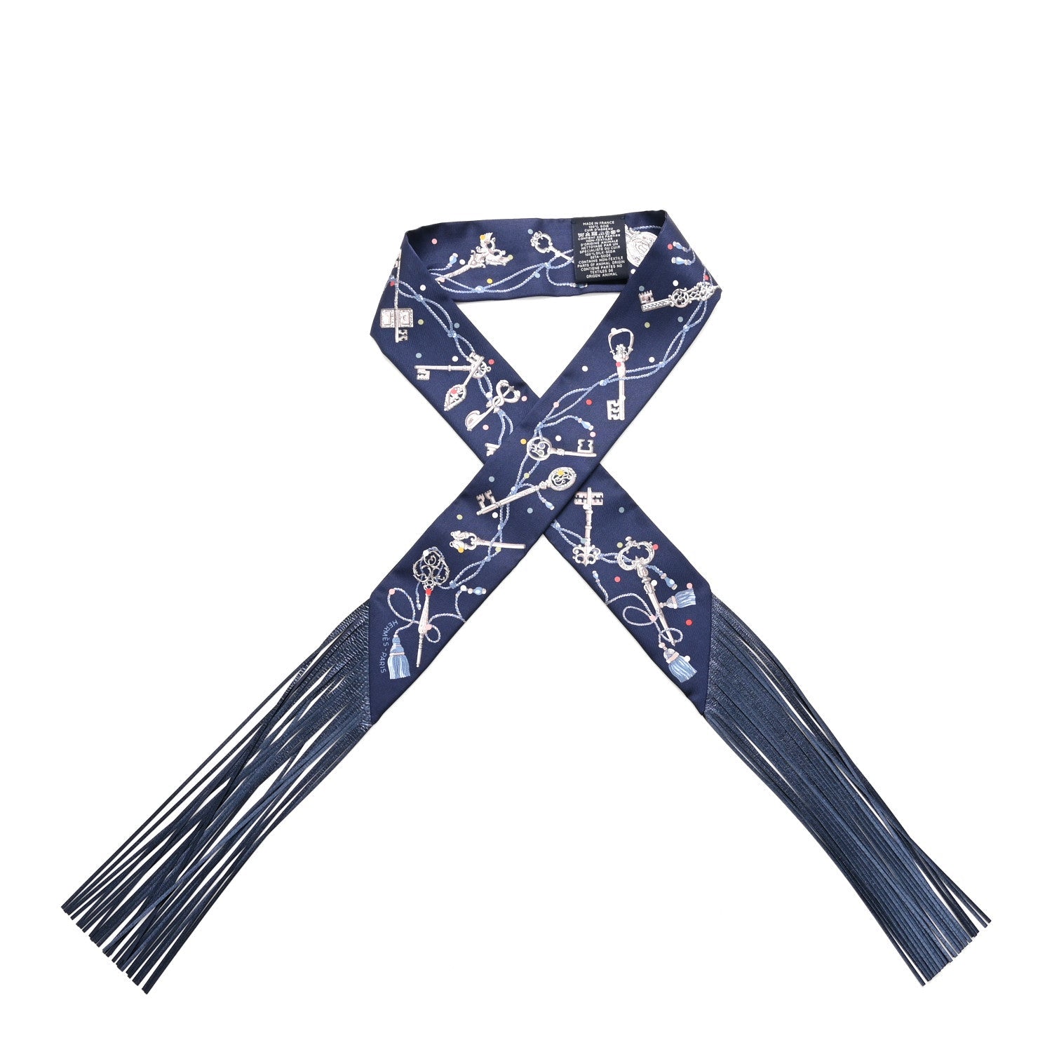Silk Calfskin Les Cles A Pois Fringed Twilly Bleu Marine Gris Argent Multicolor