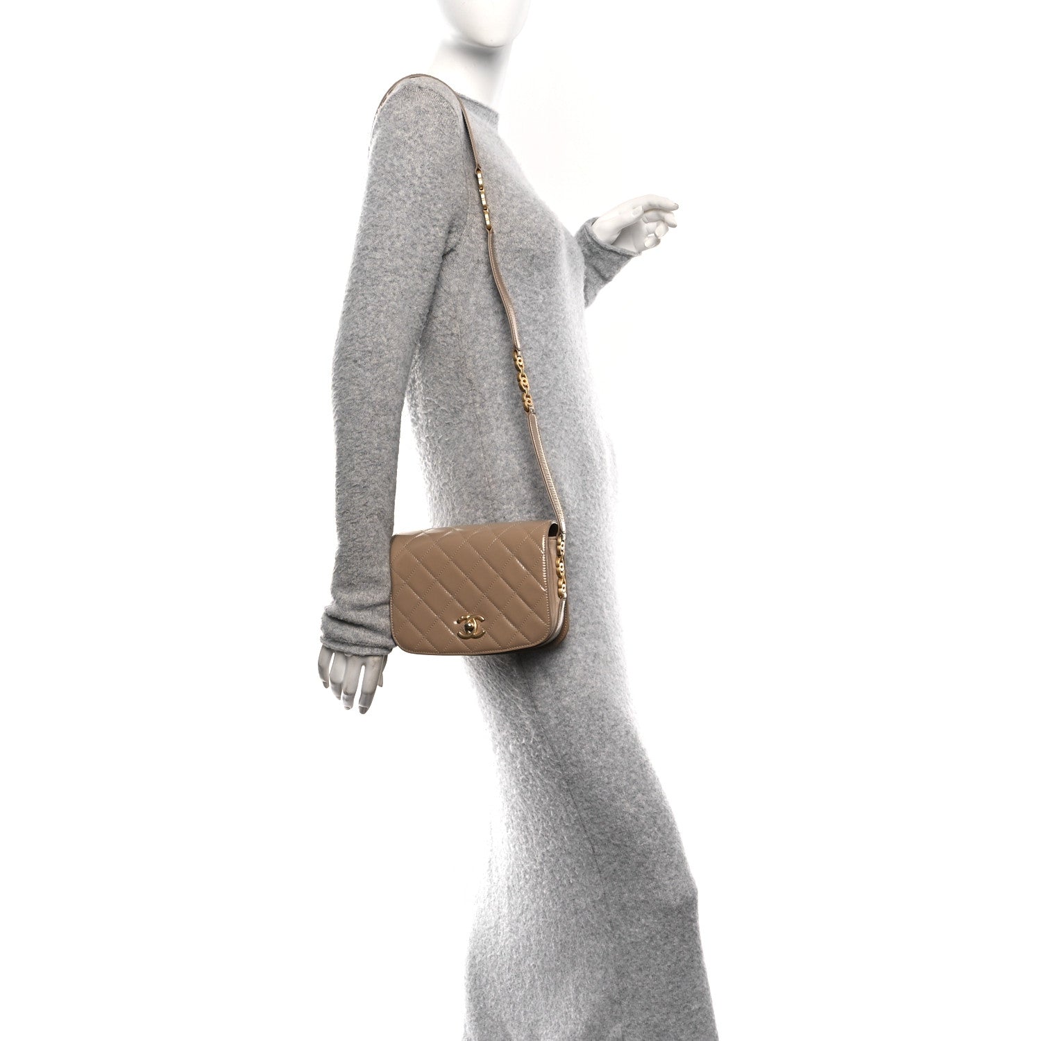 Shiny Calfskin Quilted Suede Goatskin Mini Messenger Beige