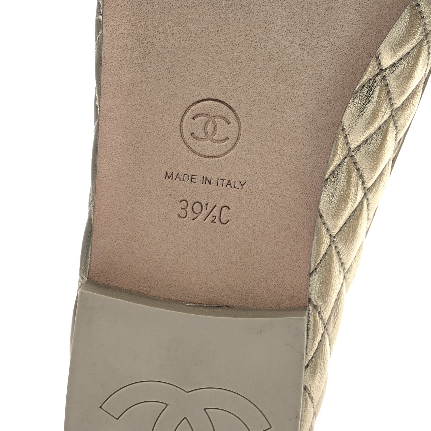 Metallic Lambskin Quilted Womens Chain CC Loafers 39.5 Gold