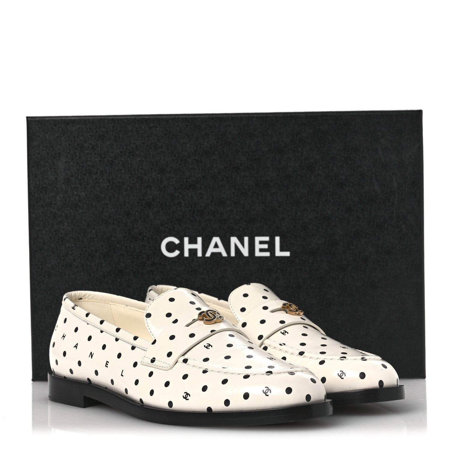 Printed Calfskin CC Dots Moccasin Loafers 36 Ivory Black