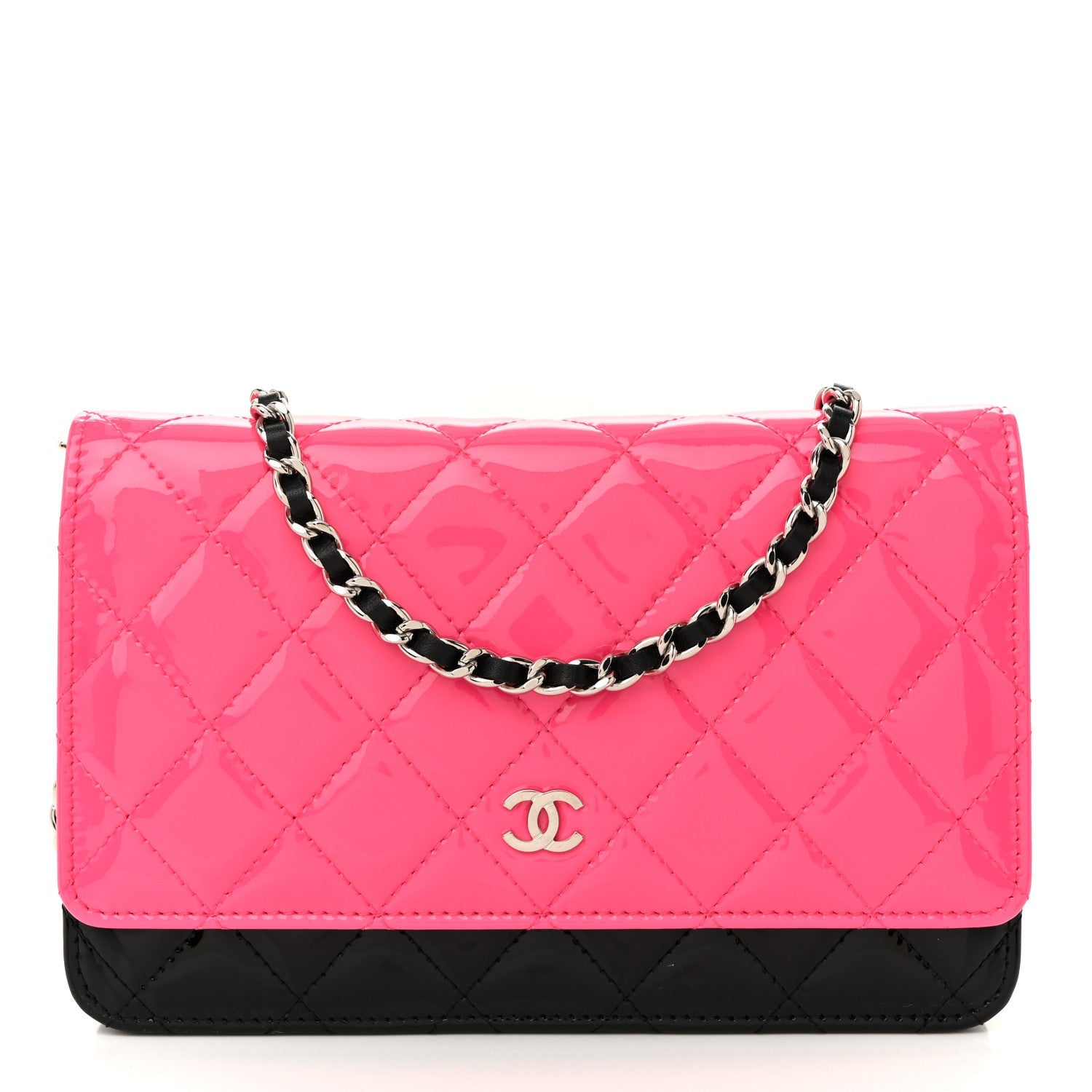 Patent Quilted Bi-Color Wallet On Chain WOC Pink Black