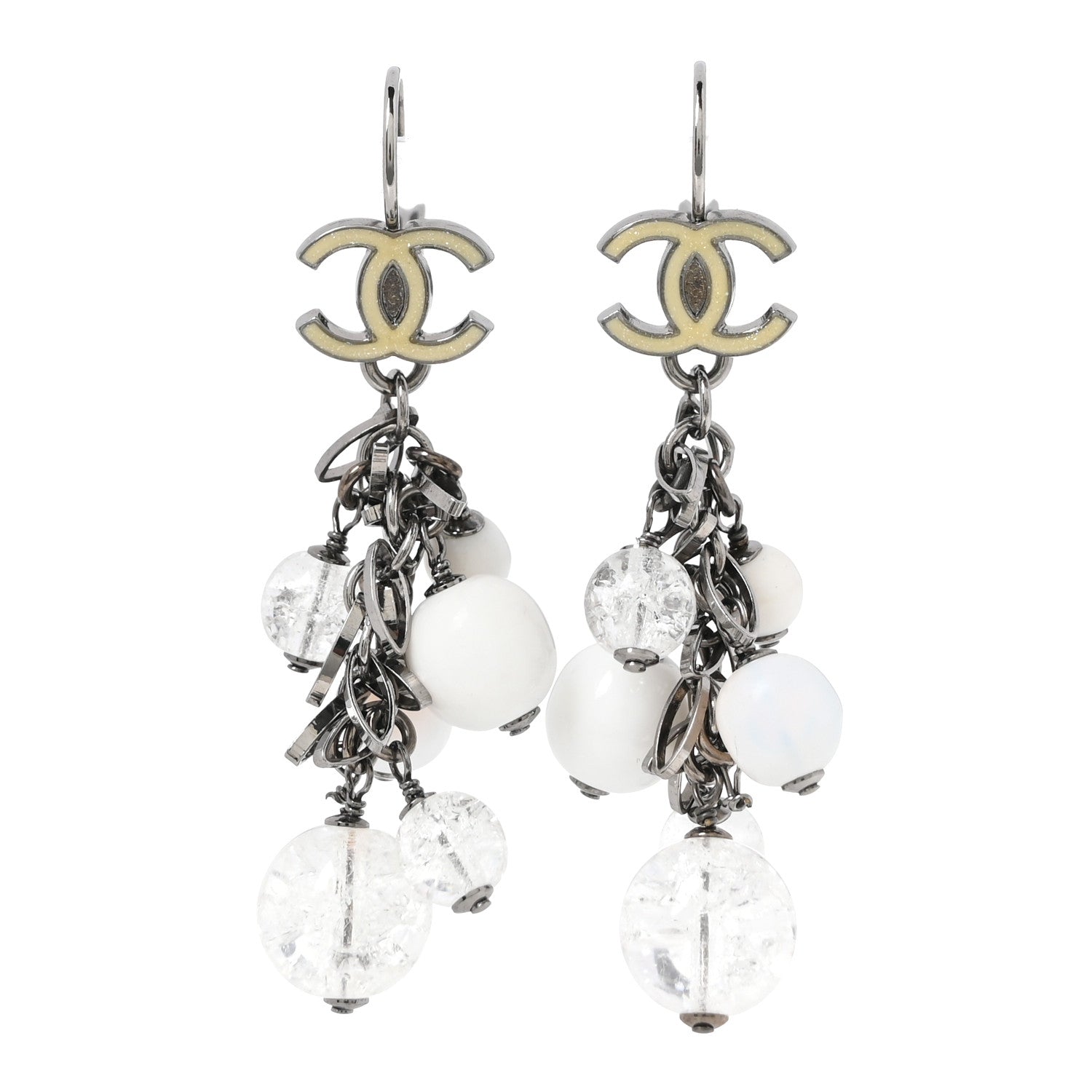 Enamel Beaded CC Drop Earrings White Silver