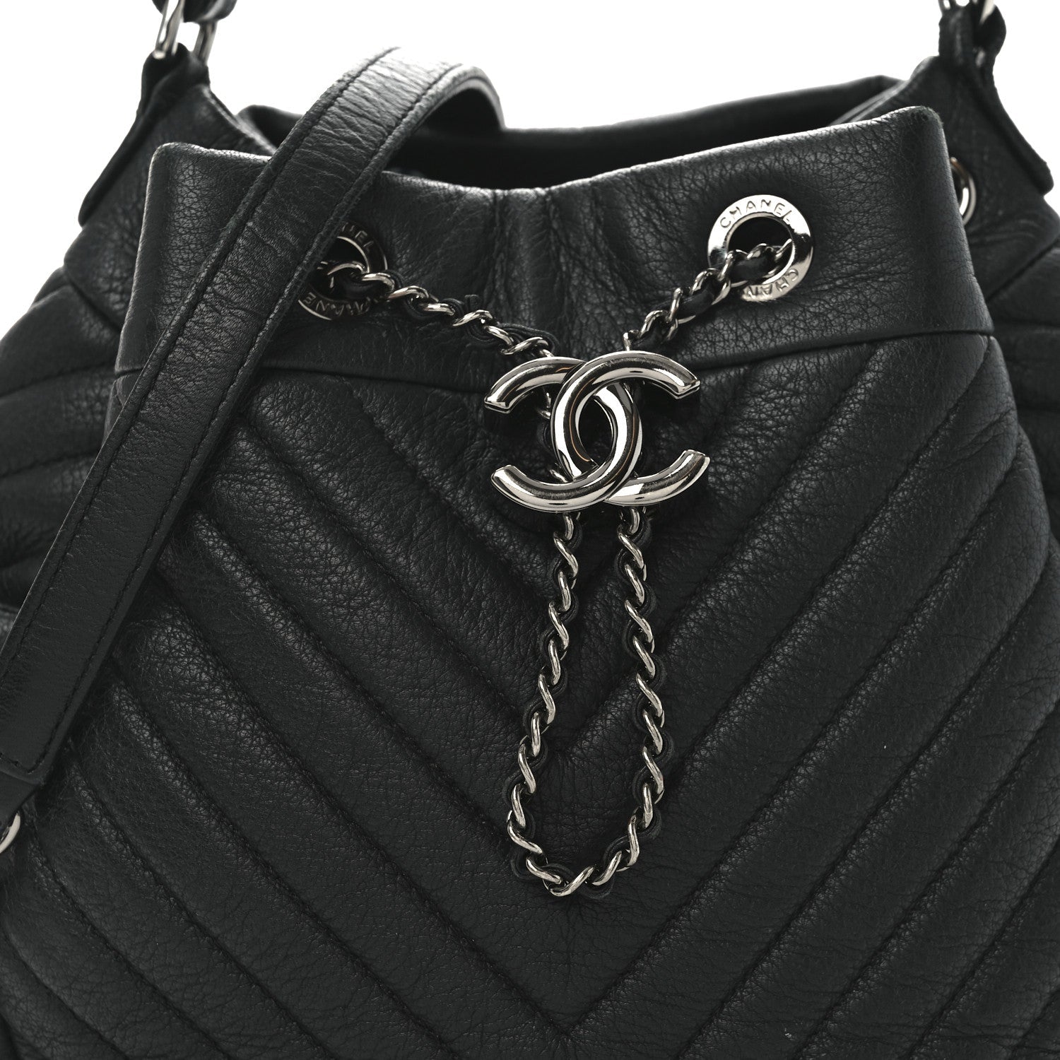 Deerskin Chevron Small CC Chain Bucket Bag Black