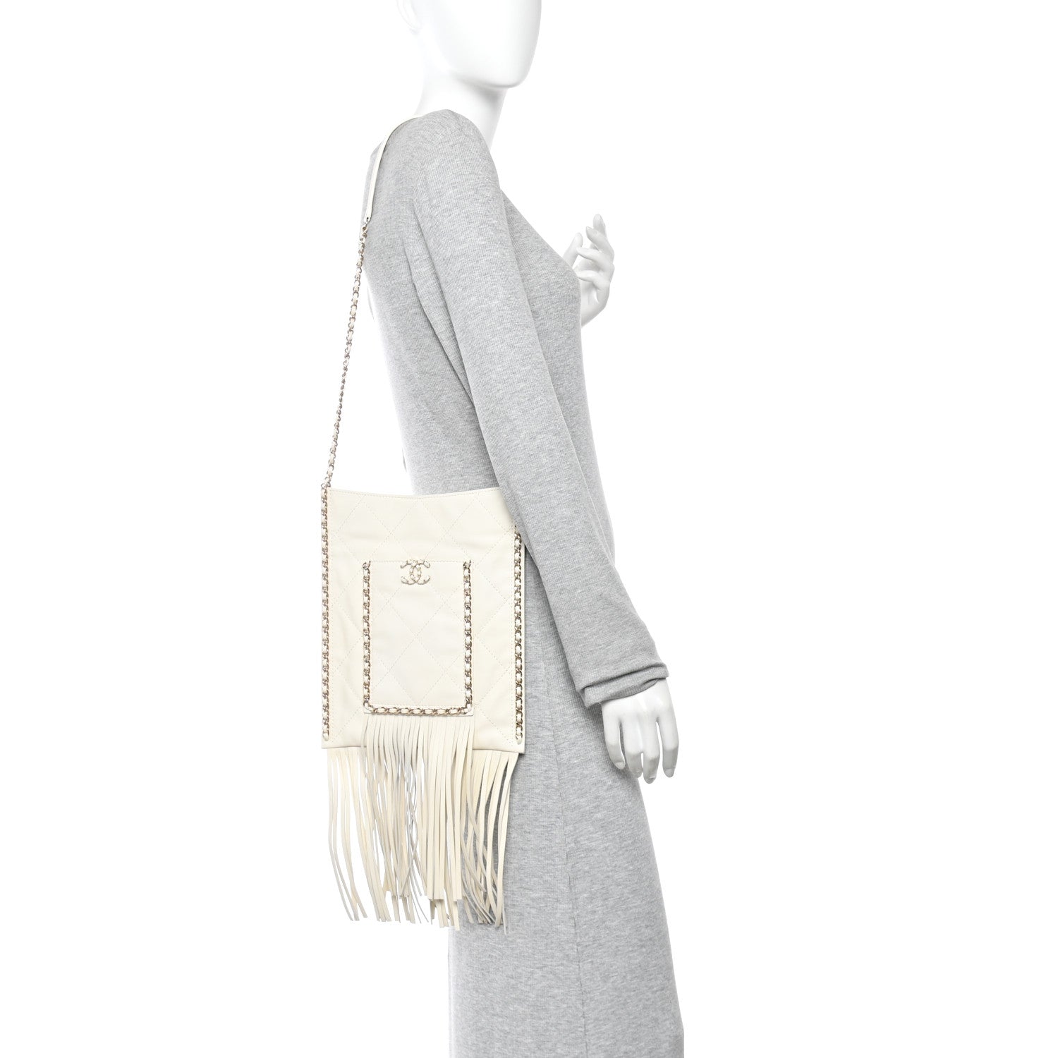 Calfskin Quilted Fringe Small Shopping Bag White