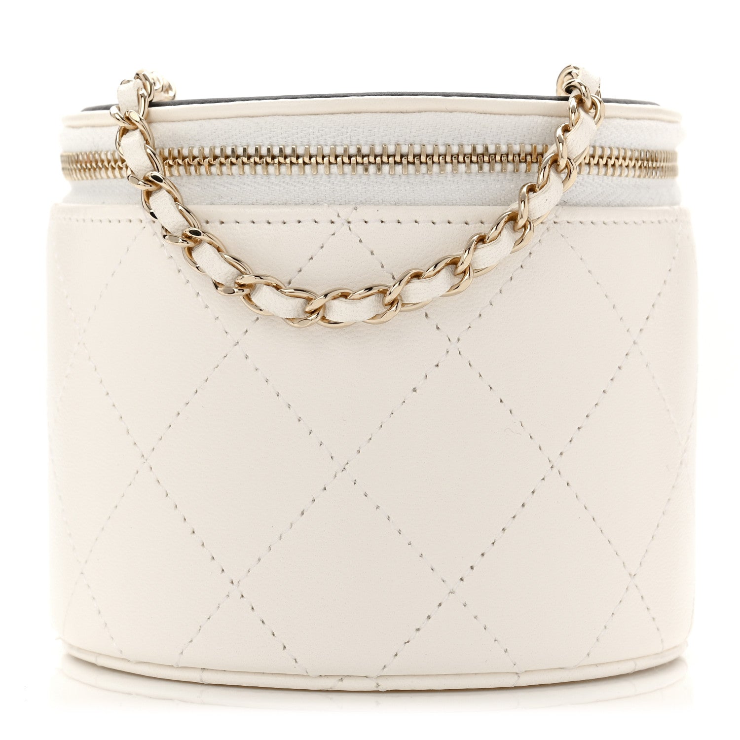 Lambskin Quilted Round Small Vanity Case With Chain White Black