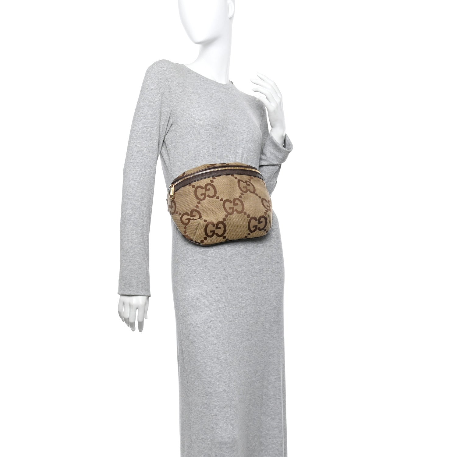 Monogram Jumbo GG Textured Dollar Calfskin Web Belt Bag Camel Ebony New Acero