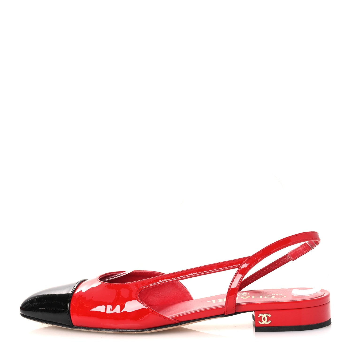 Patent Calfskin Cap Toe CC Slingback Flats 39 Red Black