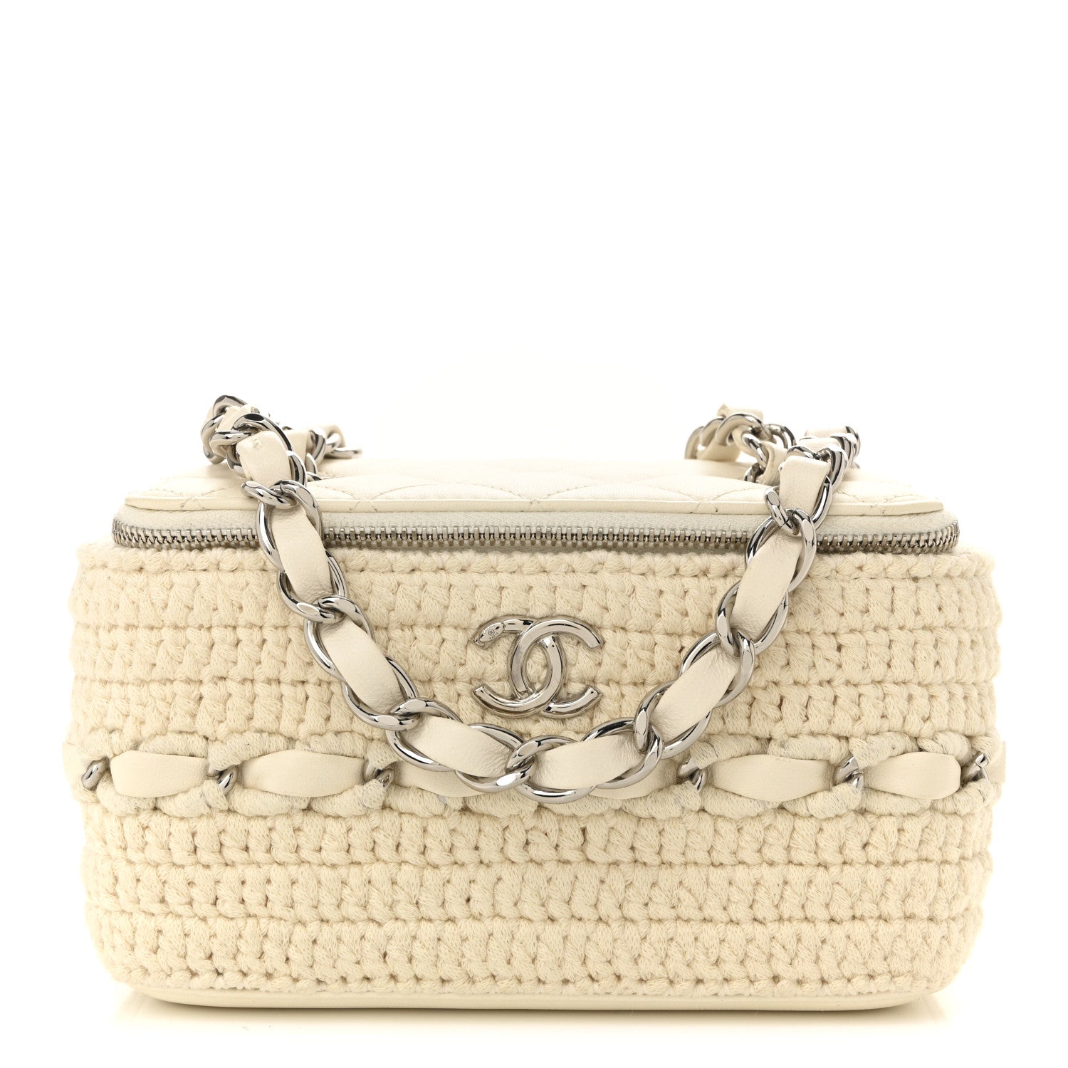 Lambskin Crochet Quilted Small Vanity Case With Chain White