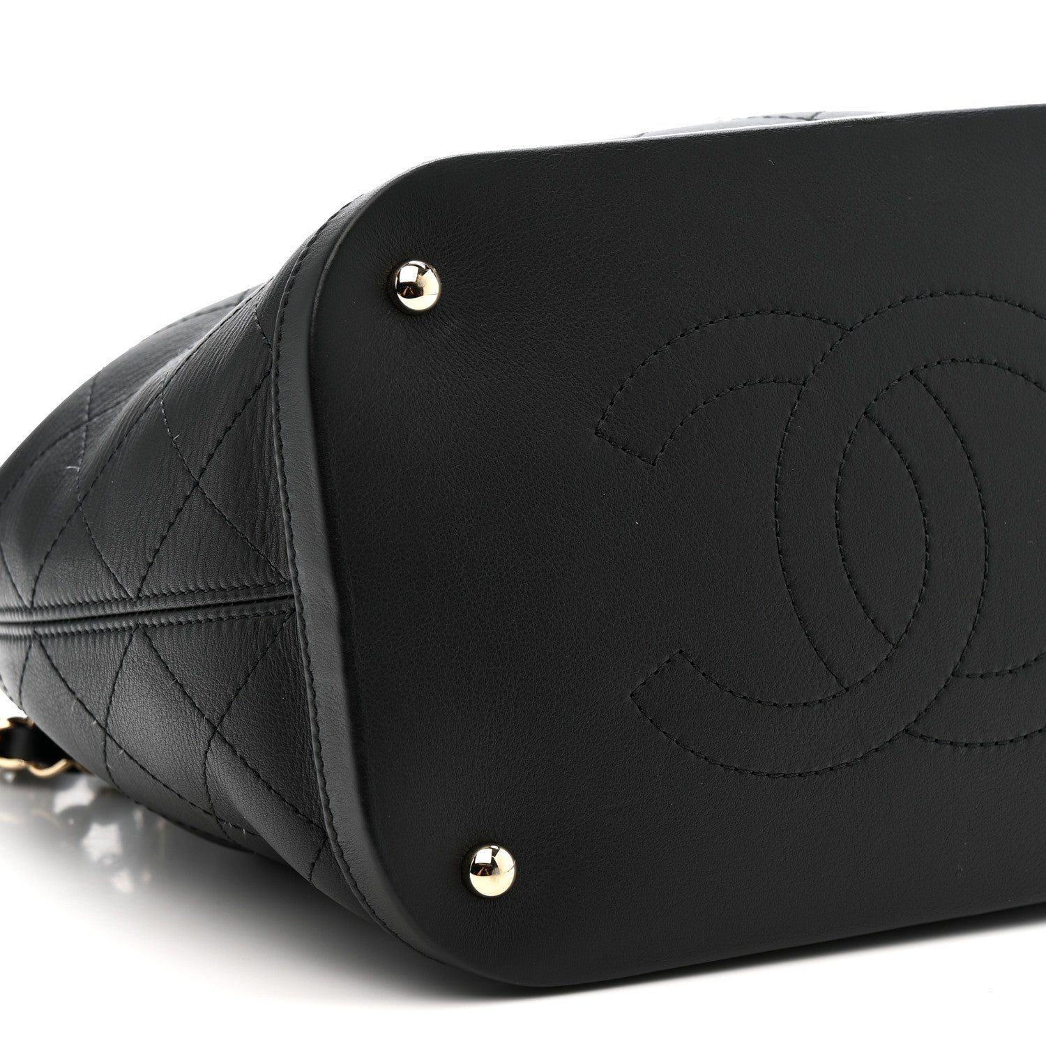 Calfskin Stitched Chain Top Handle Bucket Bag Black