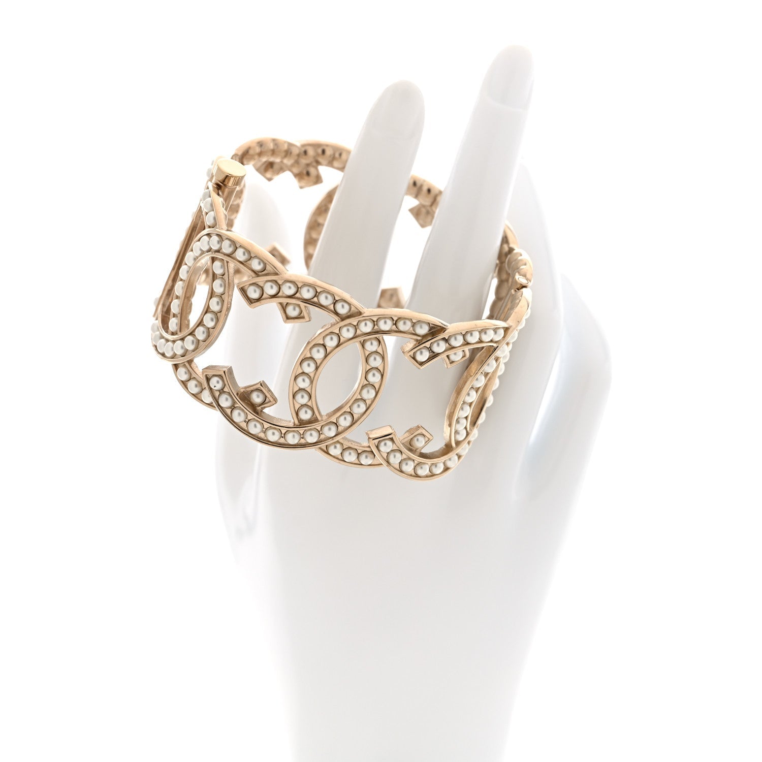 Metal Pearl CC Cuff Bracelet Gold