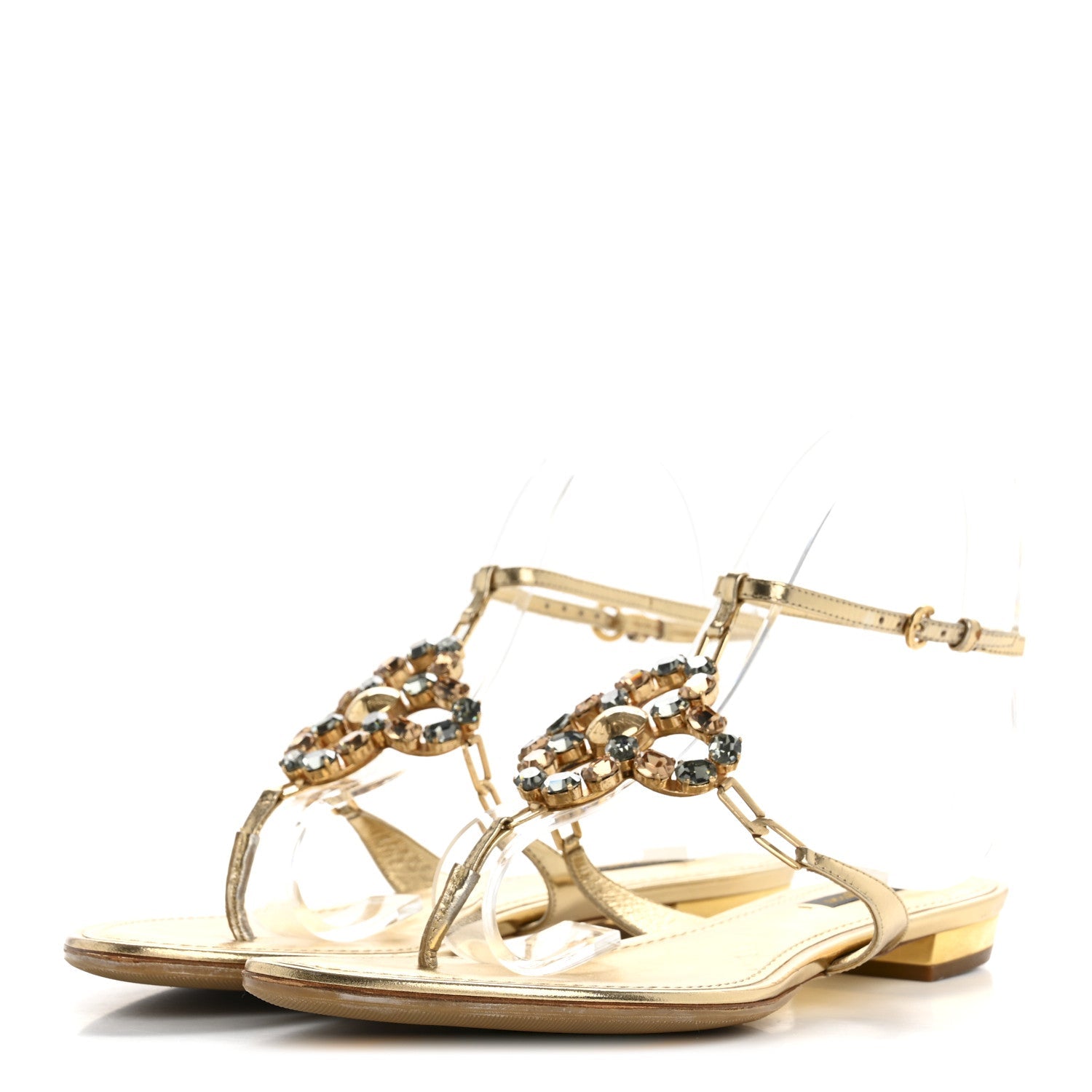 Metallic Calfskin Crystal Flower Thong Flat Sandals 37.5 Gold