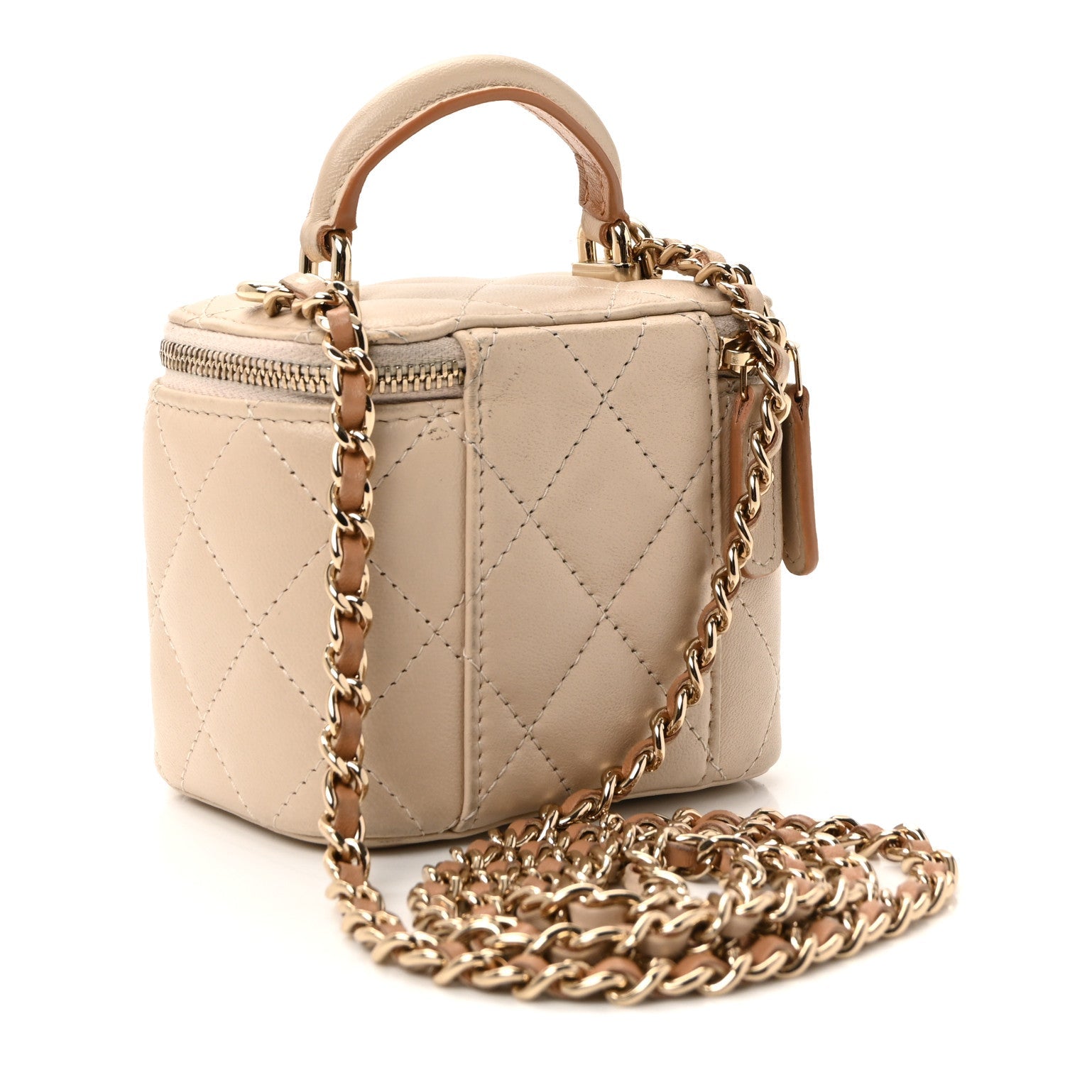 Lambskin Quilted Top Handle Mini Vanity Case With Chain Beige