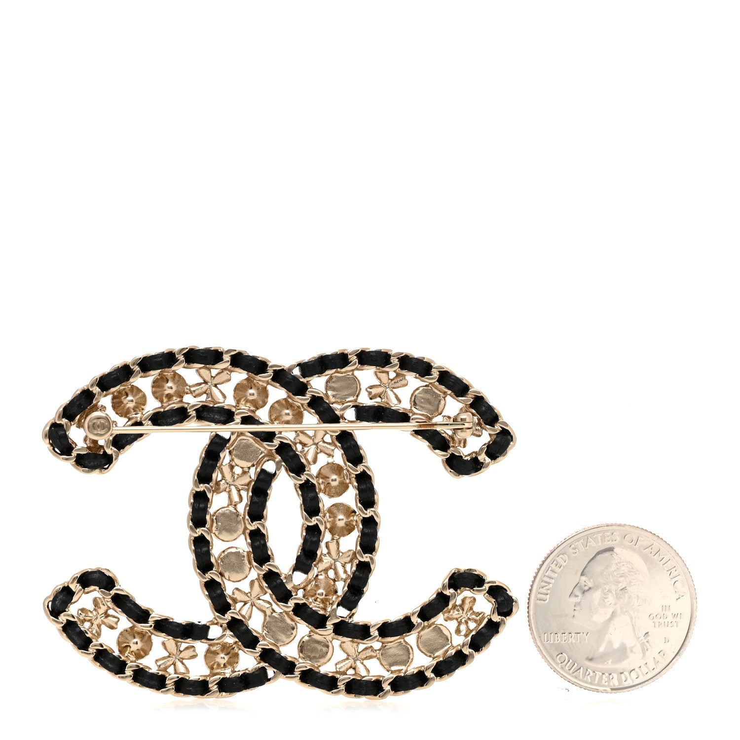 Lambskin Pearl Crystal CC Brooch Gold Black