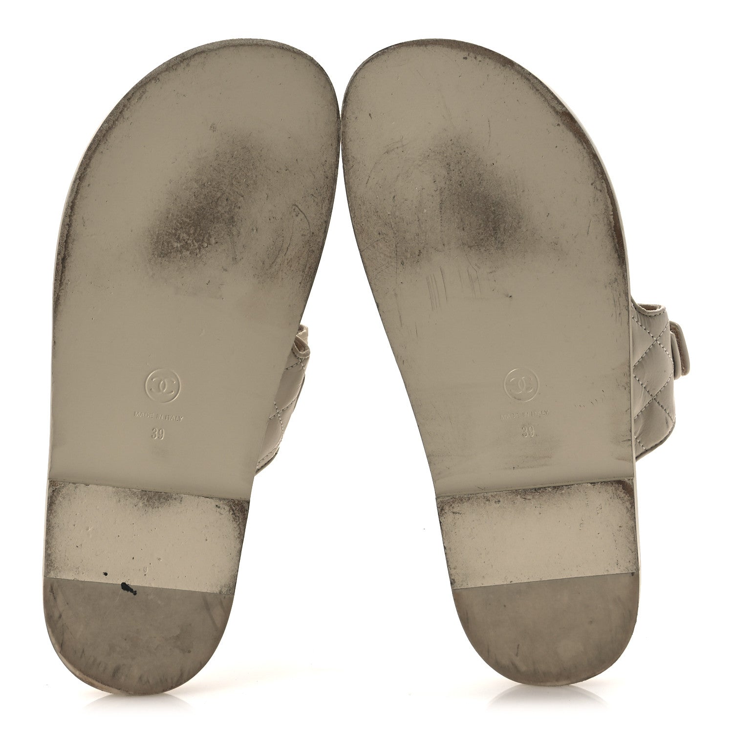 Shiny Calfskin Quilted Velcro Dad Crystal CC Slide Sandals 39 Beige