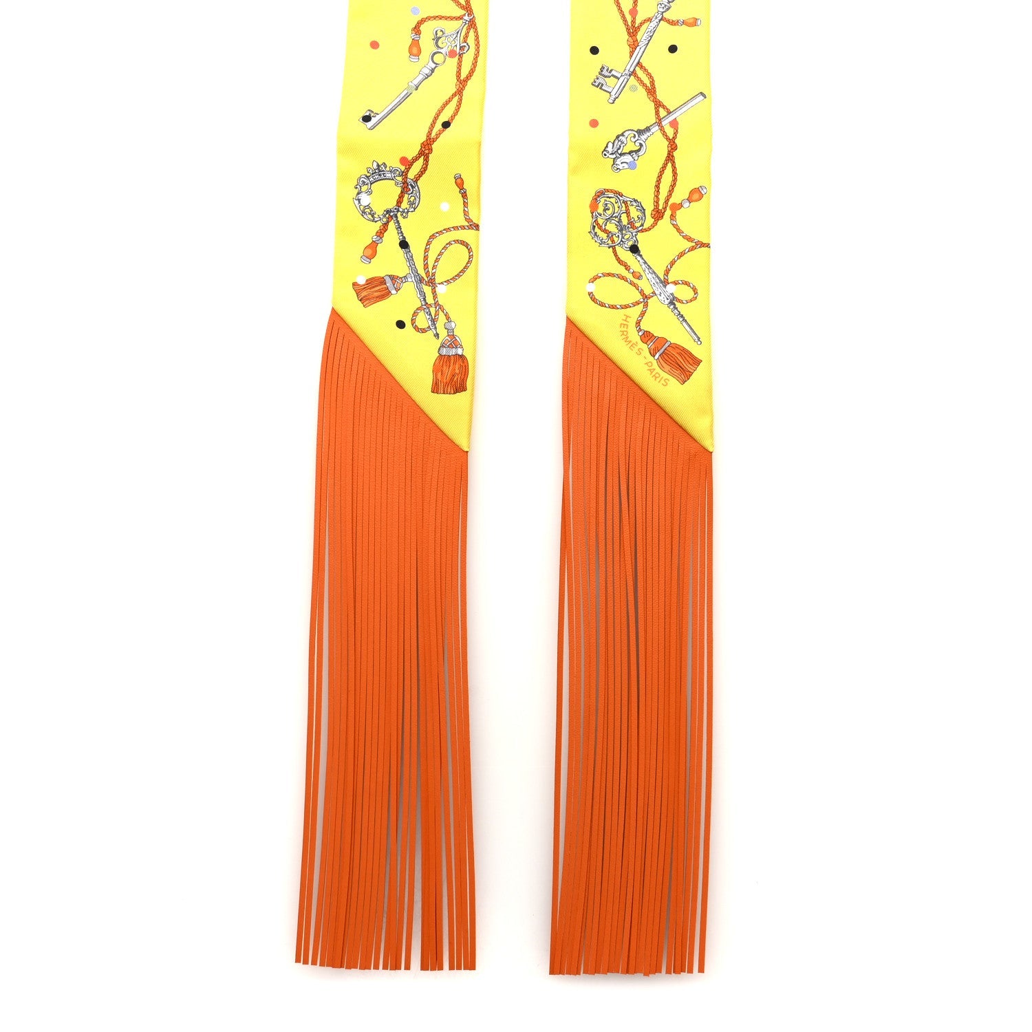 Silk Agneau Les Cles A Pois Fringed Twilly Jaune Argent Orange Vif