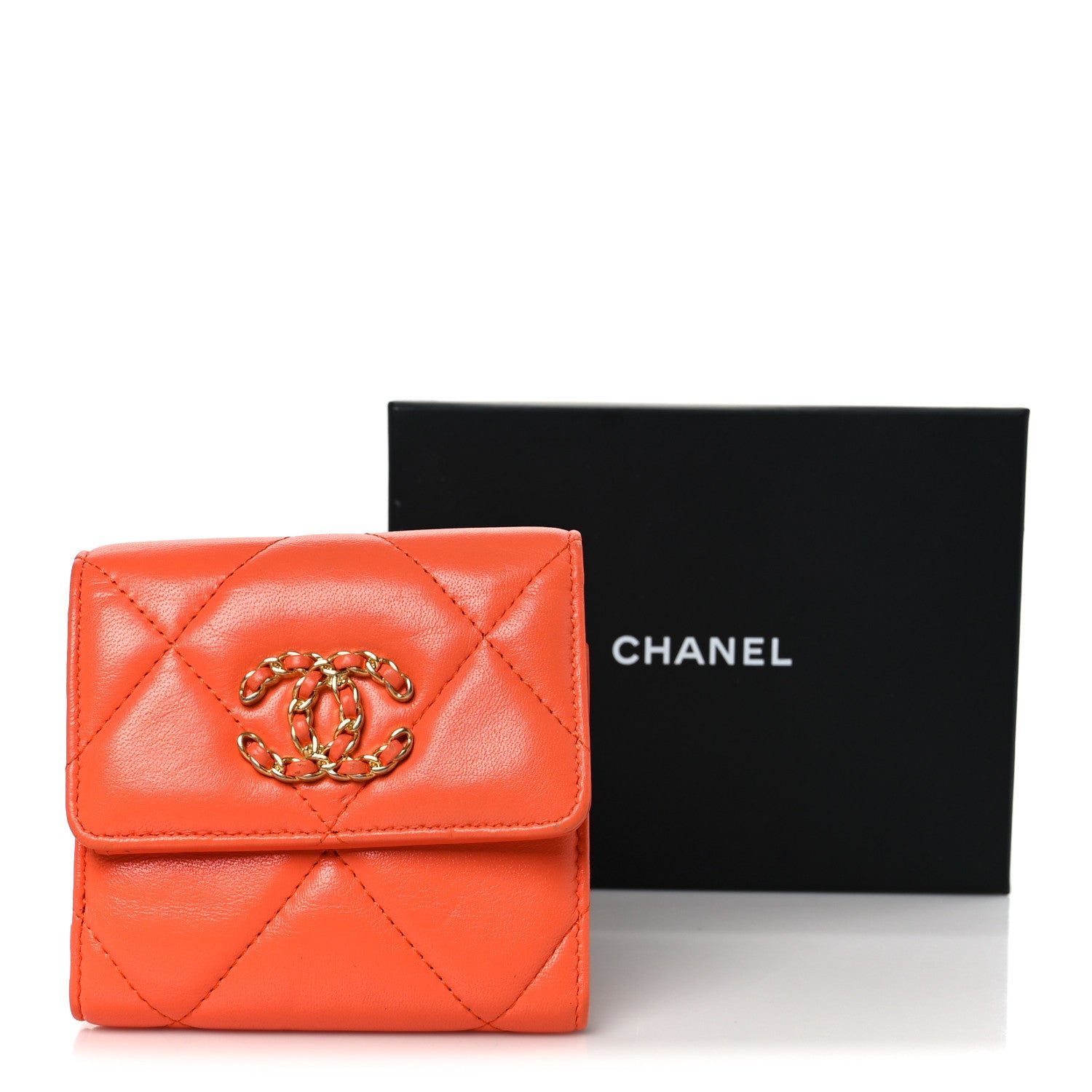 Goatskin Quilted Chanel 19 Small Flap Wallet Orange