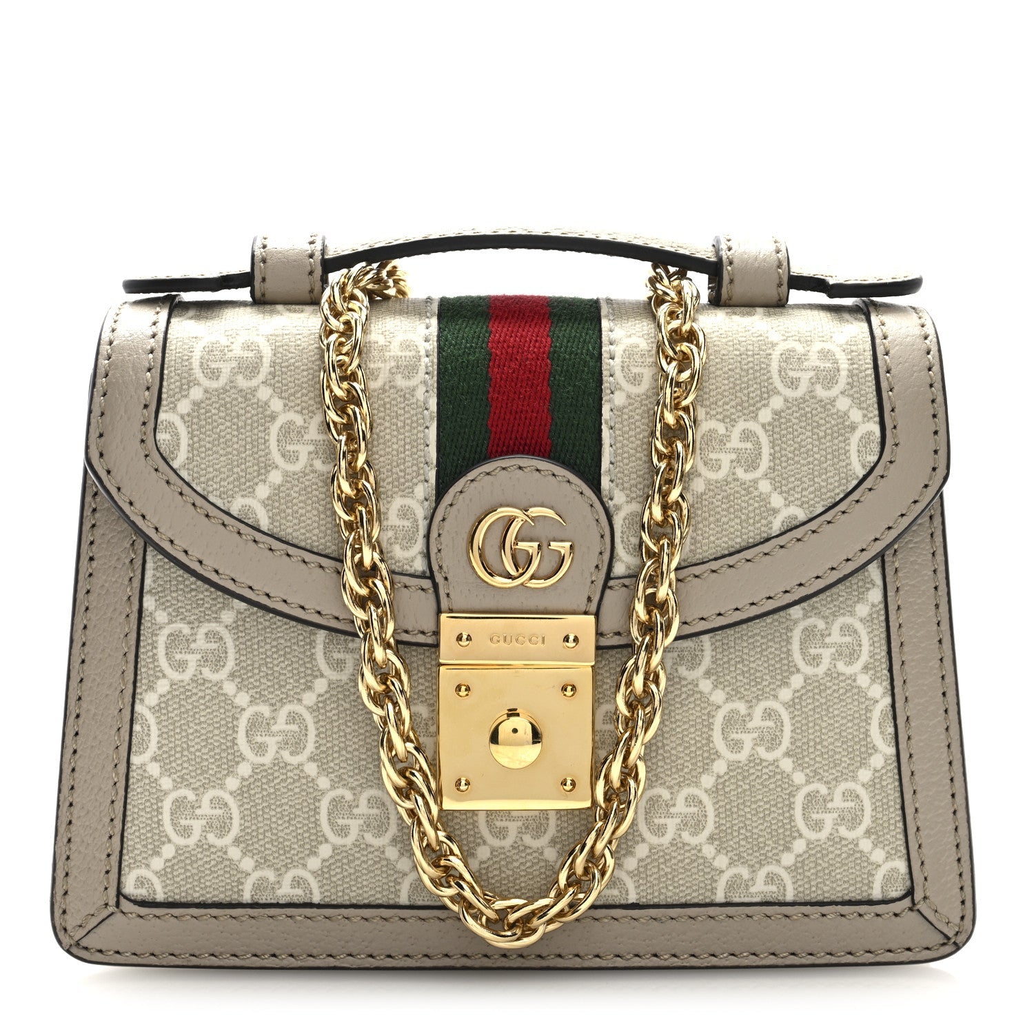 GG Supreme Monogram Textured Dollar Calfskin Web Mini Ophidia Padlock Top Handle Chain Shoulder Bag Beige Mystic White Oatmeal