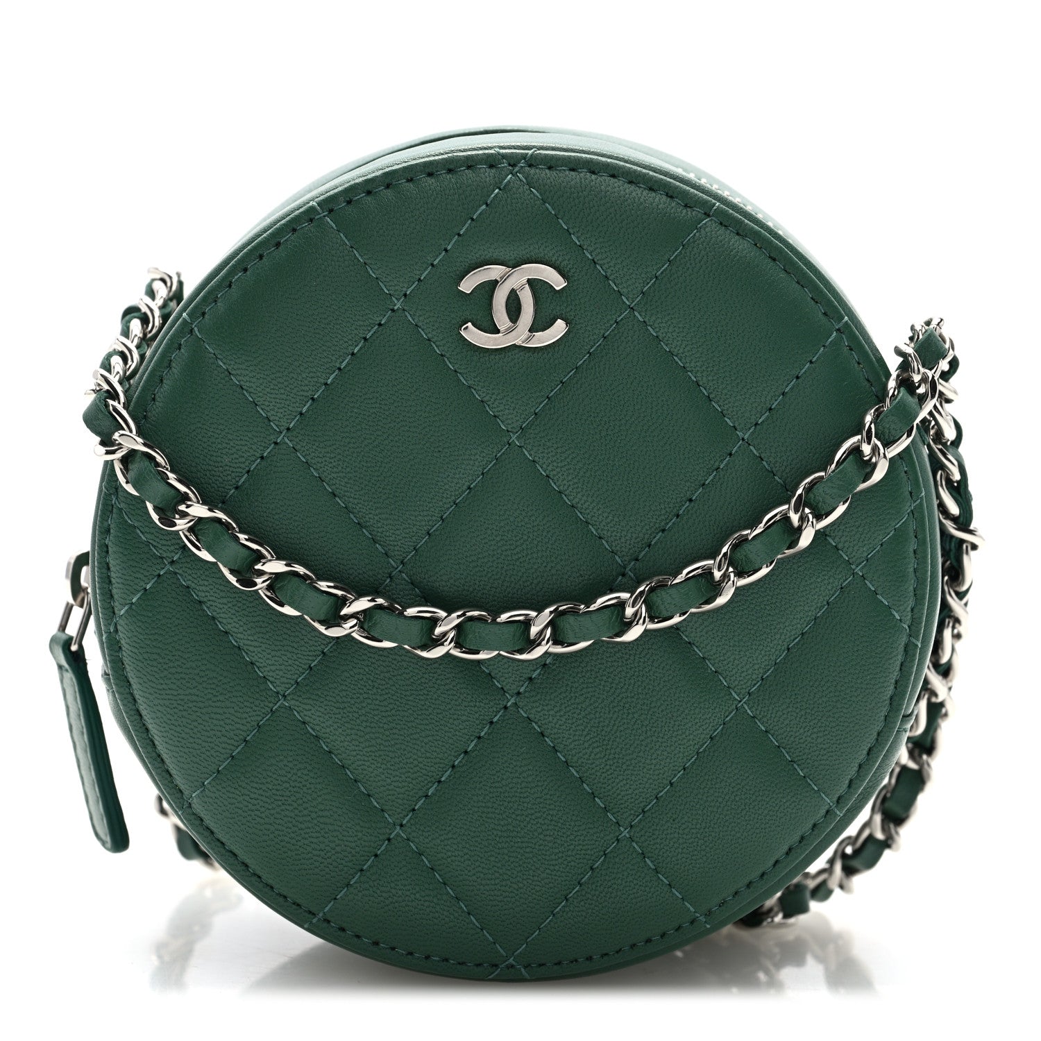 Lambskin Quilted Round Clutch With Chain Green