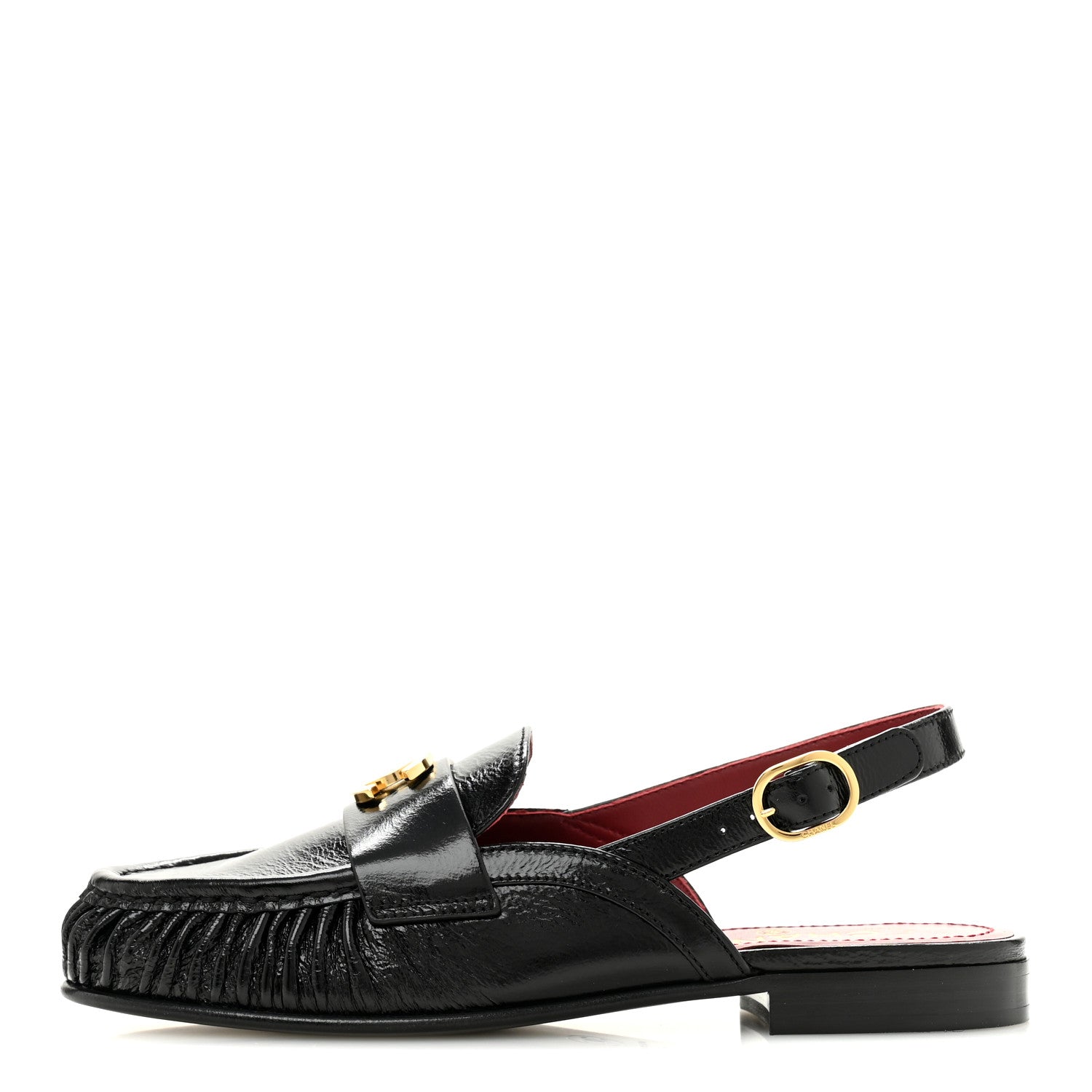 Crumpled Shiny Lambskin CC Slingback Mocassins 38 Black