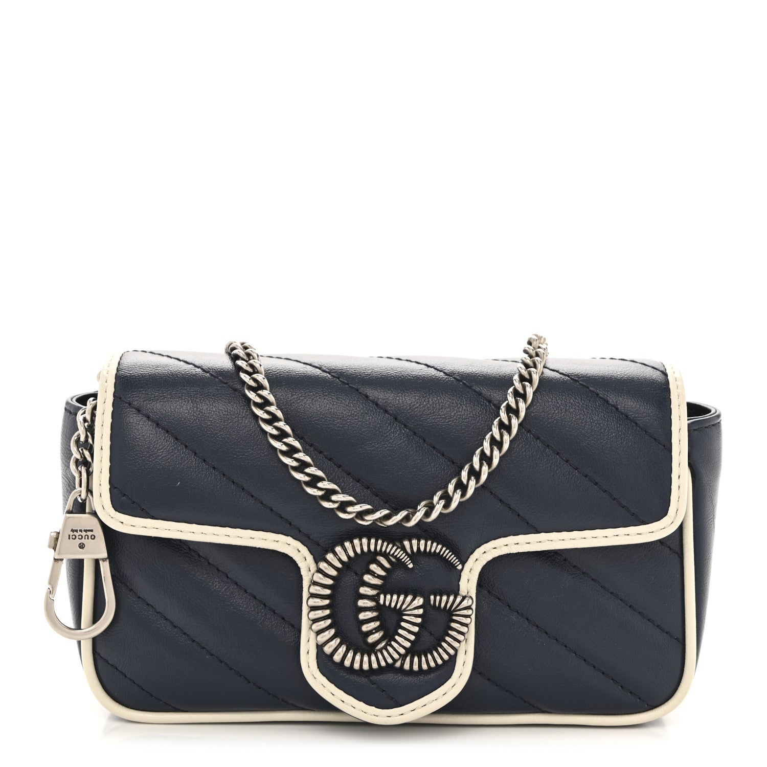 Vintage Effect Calfskin Matelasse Diagonal Super Mini Torchon GG Marmont Shoulder Bag Blue Agata Mystic White