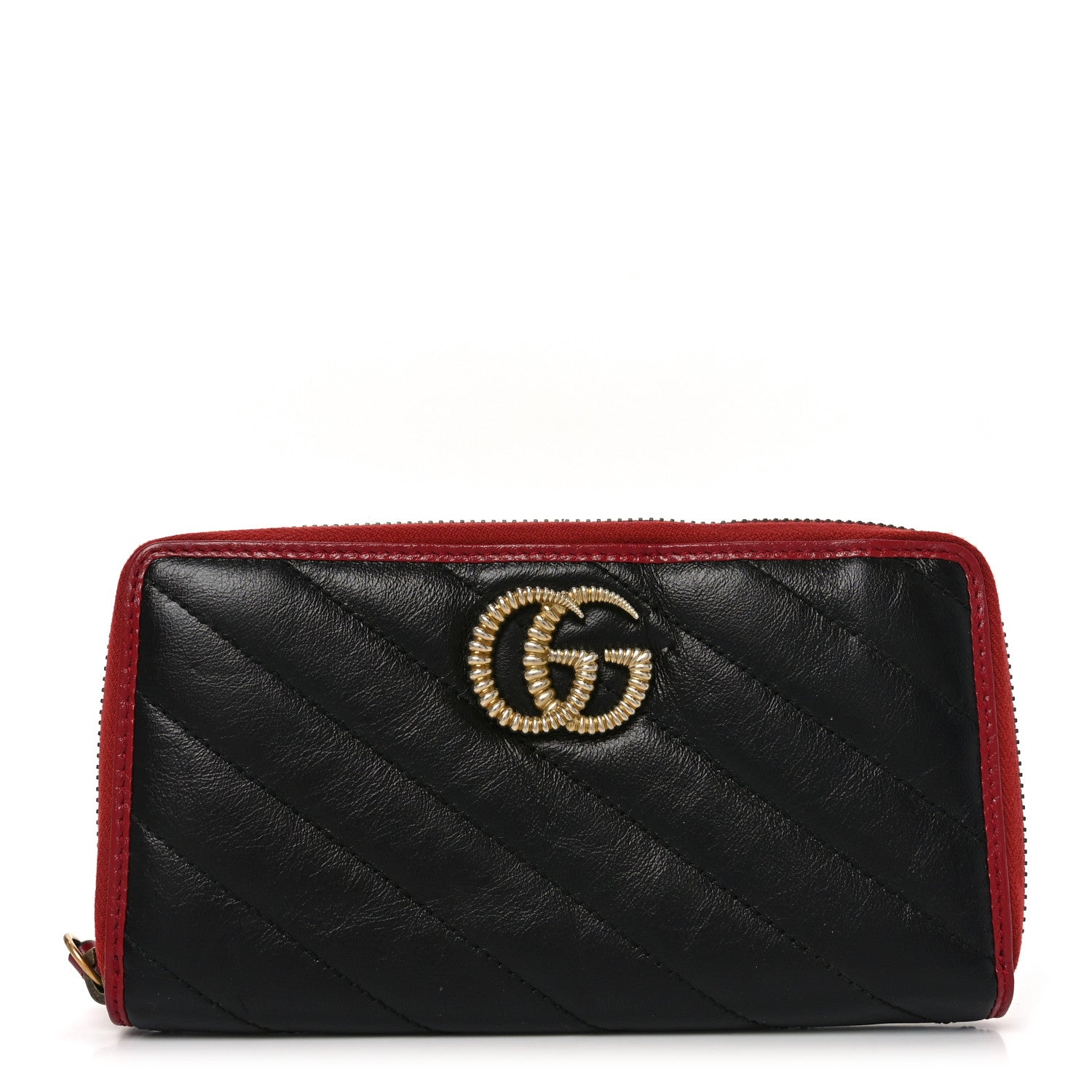Vintage Effect Calfskin Matelasse Diagonal Torchon GG Marmont Zip Around Wallet Black Romantic Cherry