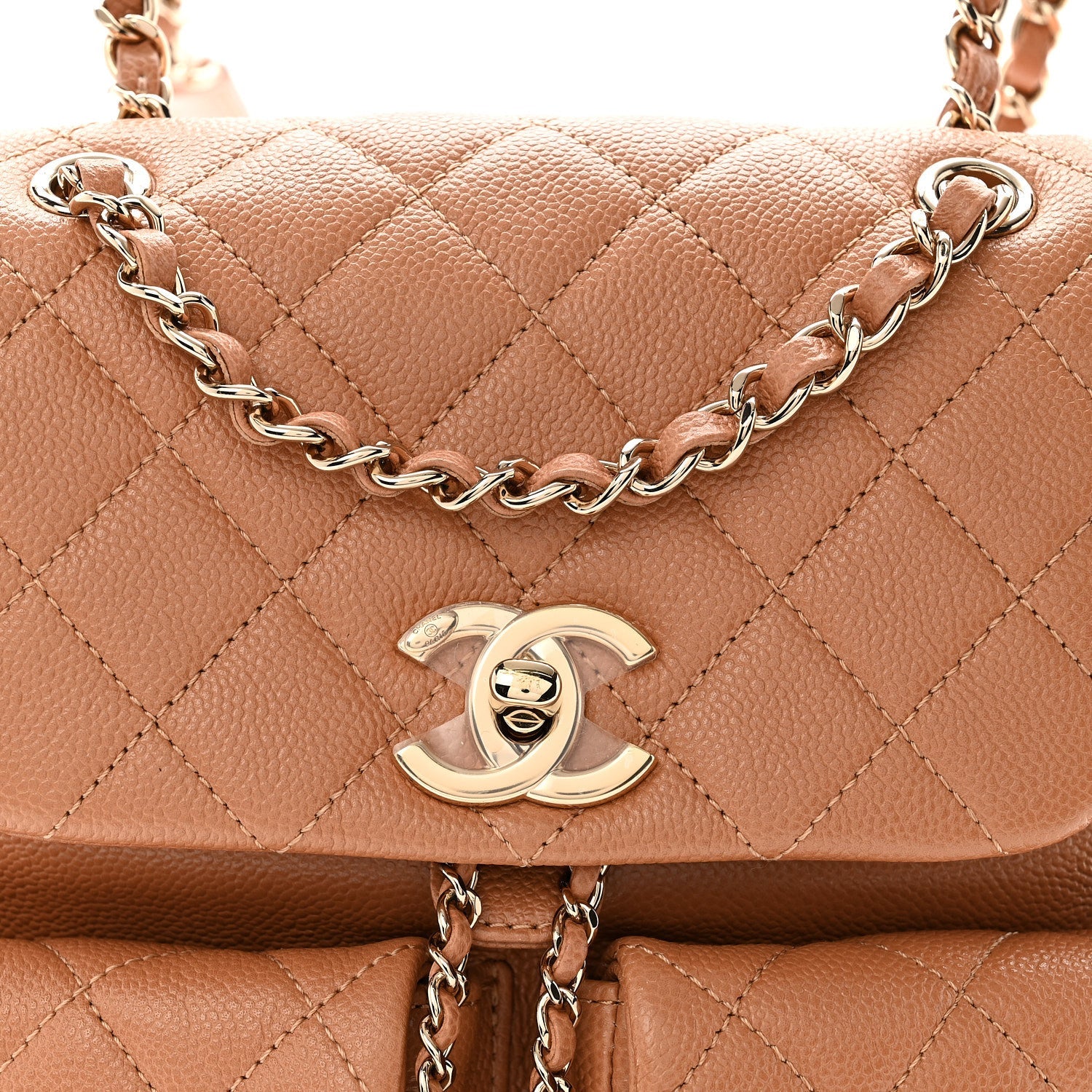 Shiny Caviar Quilted Medium Duma Pockets Drawstring Backpack Dark Beige