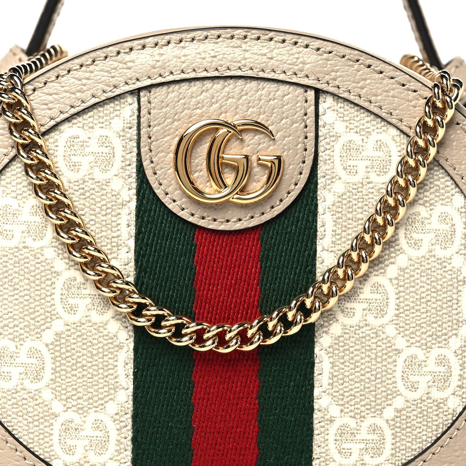 GG Supreme Monogram Top Handle Web Mini Ophidia Round Shoulder Bag Beige Mystic White