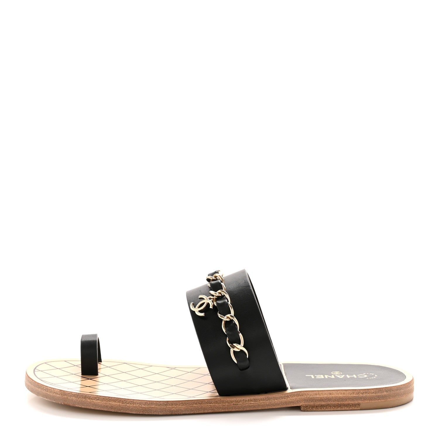 Calfskin Chain CC Logo Toe Ring Sandals 38.5 Black