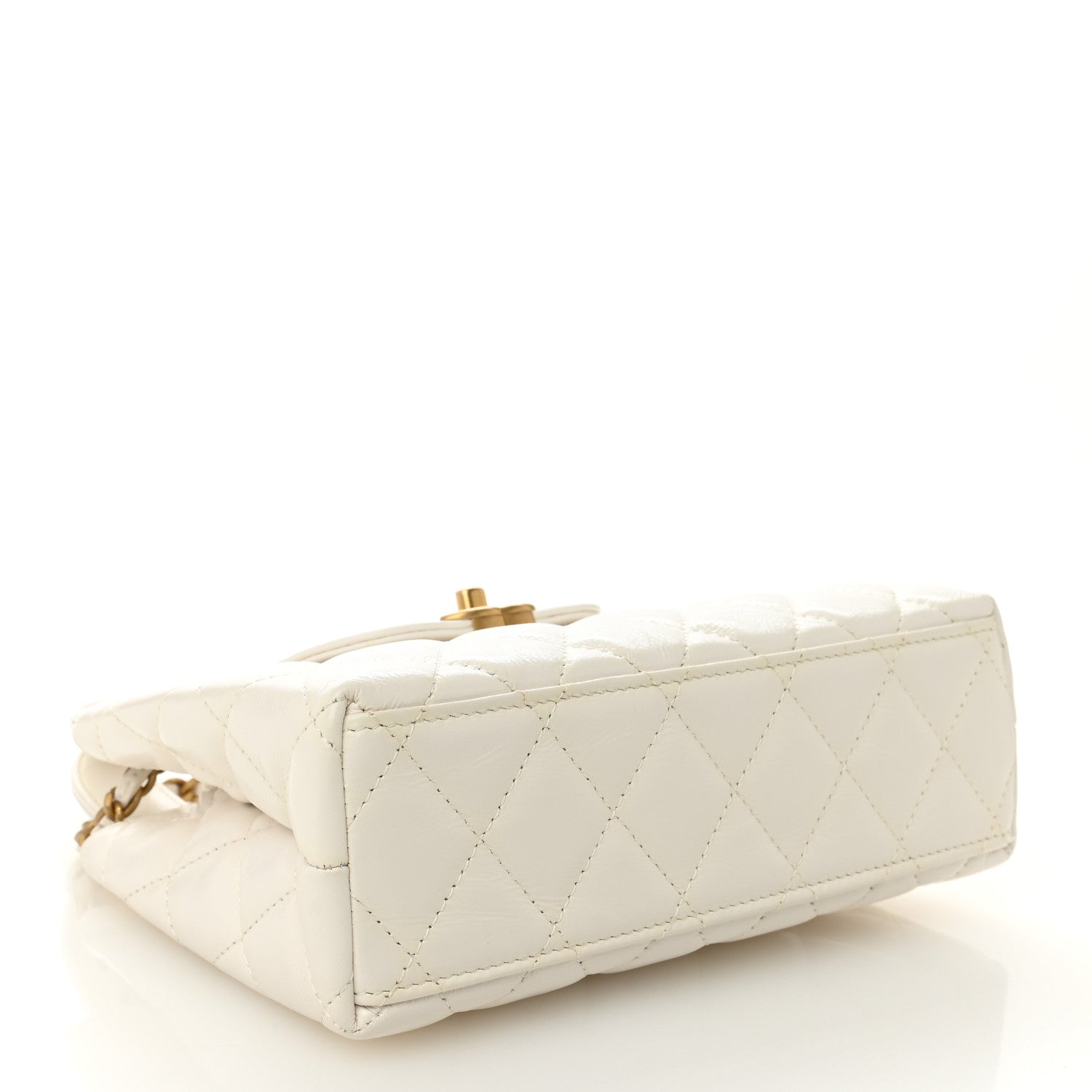 Shiny Aged Calfskin Quilted Nano Kelly Shopper White