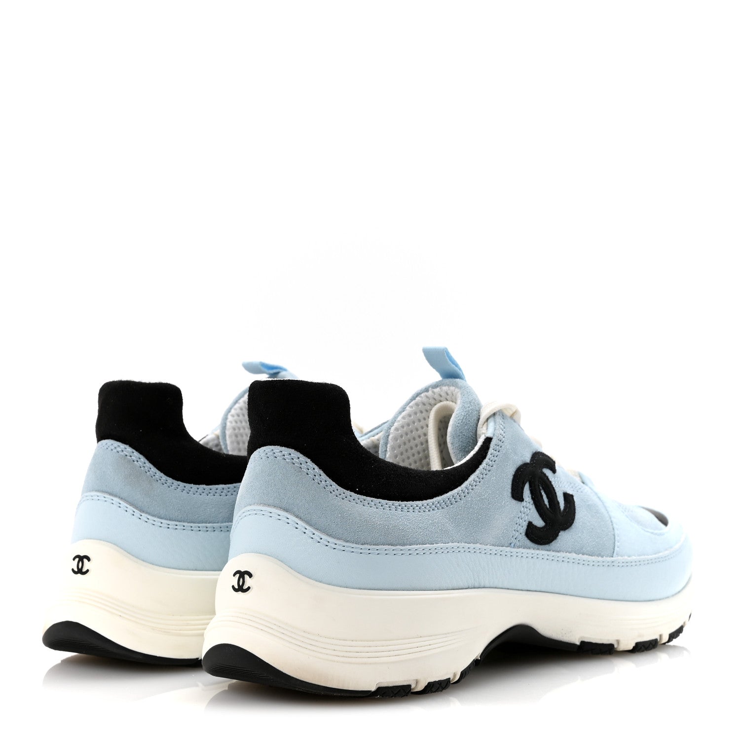 Suede Calfskin Grosgrain Womens CC Sneakers 40 Light Blue Black