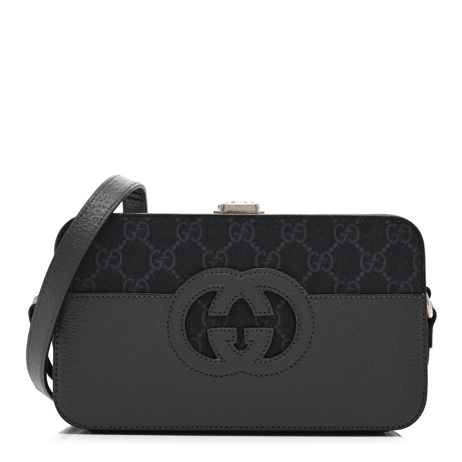 GG Supreme Monogram Textured Dollar Calfskin Mini New Basket Shoulder Bag Black Grey